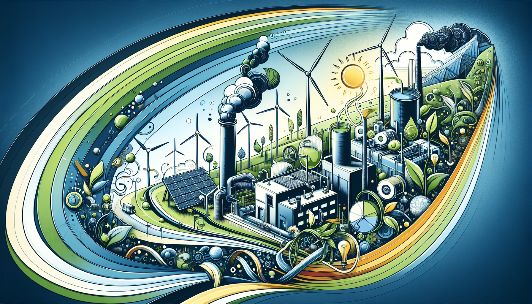 A conceptual illustration representing Energy-efficient Production Processes. Visualize the main ideas: . Creative but clear representation of the concept. Style: Visual Theme: Clean, modern aesthetic with high contrast and vibrant energy. Emphasize the intersect. high quality, detailed, professional, clean composition, good lighting, sharp focus, well-composed. high quality, professional, detailed, well-composed