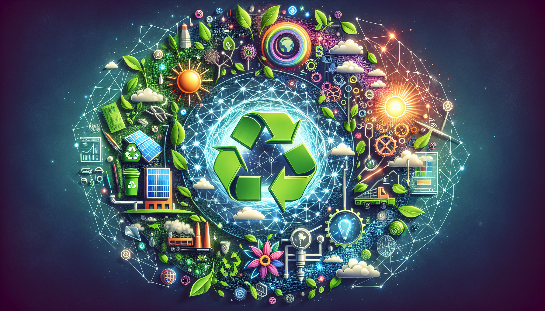 A conceptual illustration representing Sustainable Supply Chain Management. Visualize the main ideas: . Creative but clear representation of the concept. Style: Visual Theme: Clean, modern aesthetic with high contrast and vibrant energy. Emphasize the intersect. high quality, detailed, professional, clean composition, good lighting, sharp focus, well-composed. high quality, professional, detailed, well-composed