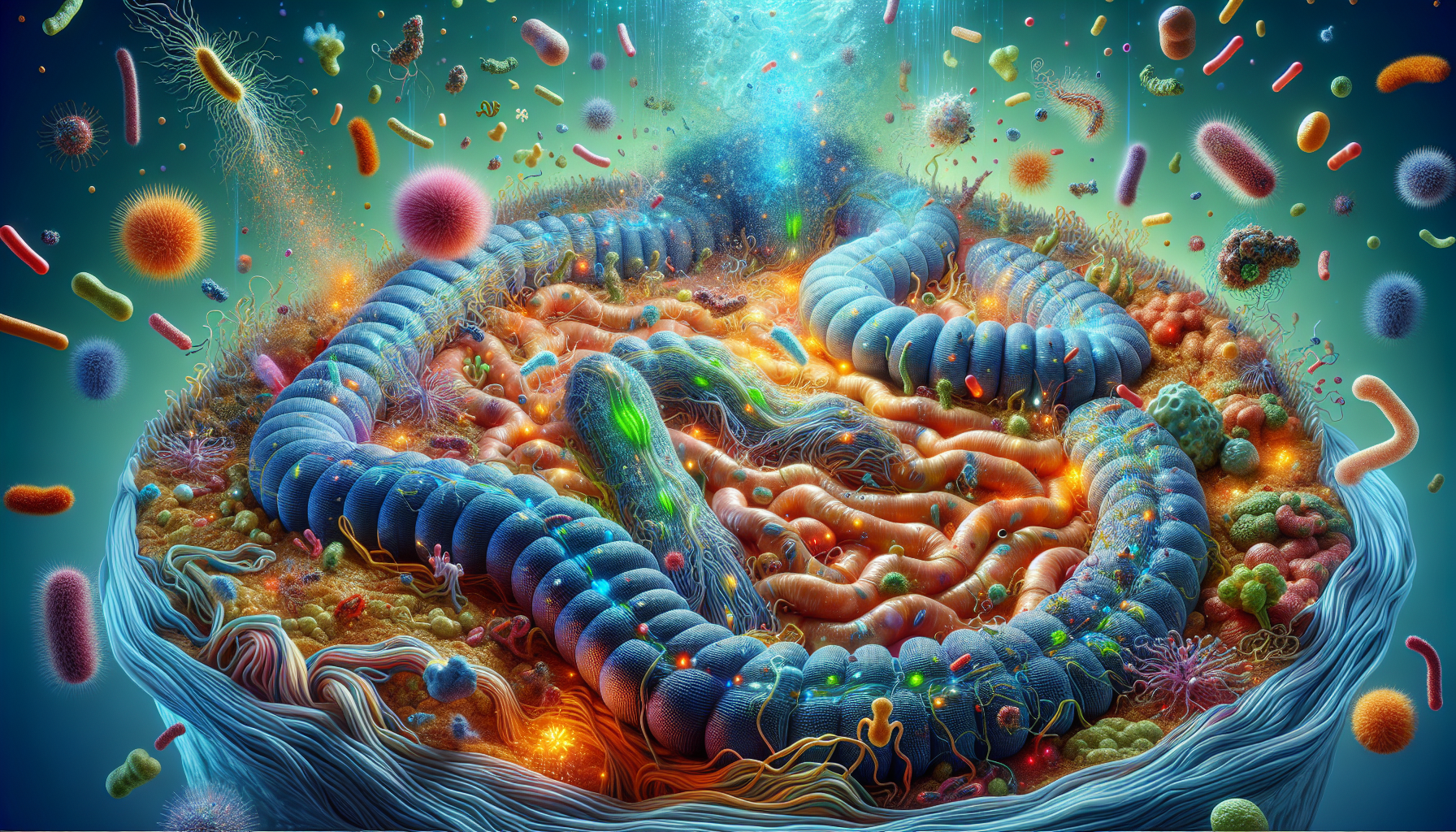 A conceptual illustration representing The Microbial Powerhouse in Your Gut. Visualize the main ideas: . Creative but clear representation of the concept. Style: photorealistic. high quality, detailed, professional, clean composition, good lighting, sharp focus, well-composed. high quality, professional, detailed, well-composed