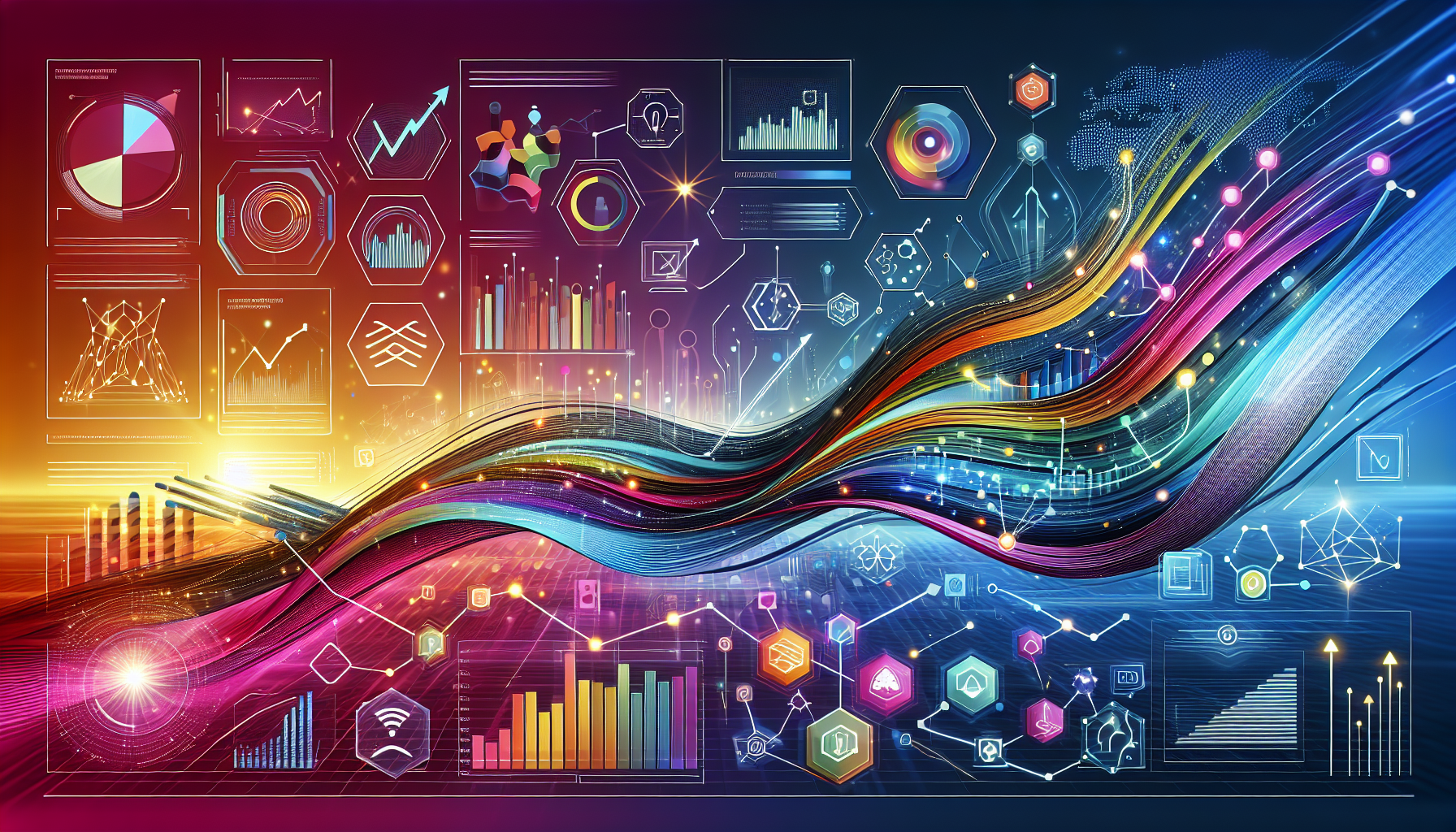 A conceptual illustration representing Key Benefits of Advanced Analytics. Visualize the main ideas: . Creative but clear representation of the concept. Style: Visual Theme: Clean, modern aesthetic with high contrast and vibrant energy. Emphasize the intersect. high quality, detailed, professional, clean composition, good lighting, sharp focus, well-composed. high quality, professional, detailed, well-composed