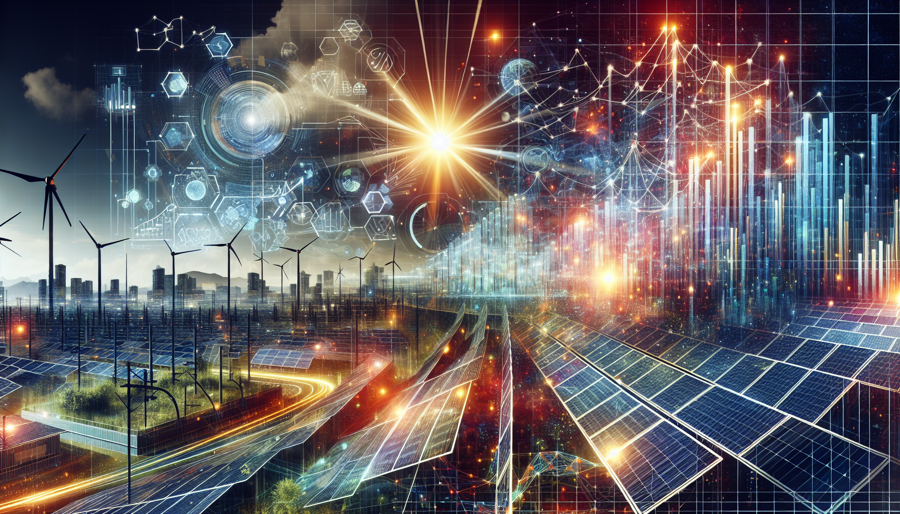 A conceptual illustration representing Implementing Advanced Analytics in Solar Operations. Visualize the main ideas: . Creative but clear representation of the concept. Style: Visual Theme: Clean, modern aesthetic with high contrast and vibrant energy. Emphasize the intersect. high quality, detailed, professional, clean composition, good lighting, sharp focus, well-composed. high quality, professional, detailed, well-composed