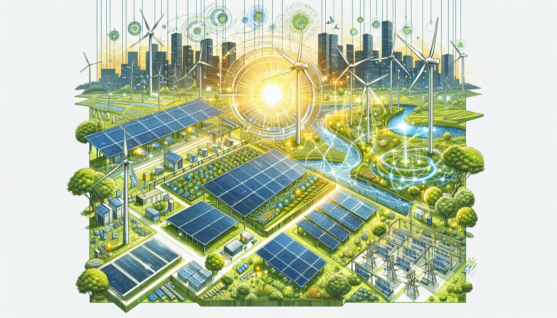 A conceptual illustration representing Key Components of Solar-Powered Infrastructure. Visualize the main ideas: . Creative but clear representation of the concept. Style: Visual Theme: Clean, modern aesthetic with high contrast and vibrant energy. Emphasize the intersect. high quality, detailed, professional, clean composition, good lighting, sharp focus, well-composed. high quality, professional, detailed, well-composed