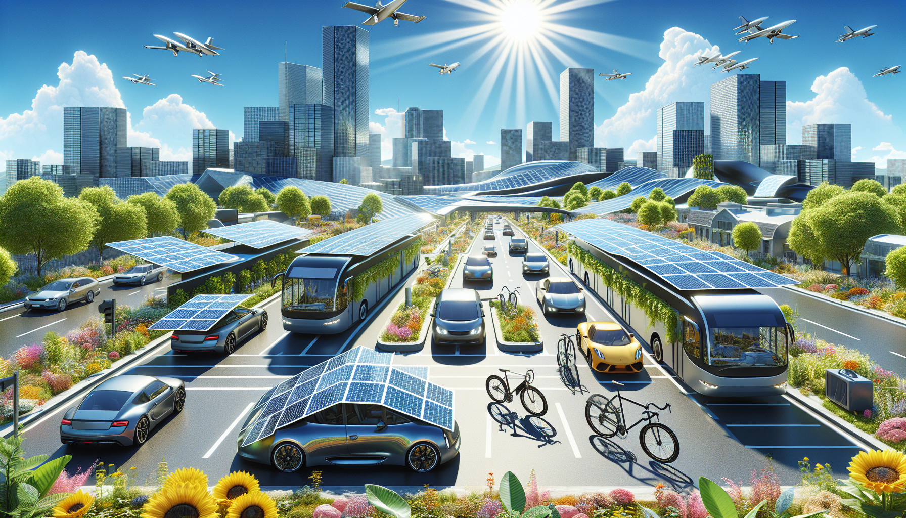 A conceptual illustration representing Benefits of Solar-Powered Transportation. Visualize the main ideas: . Creative but clear representation of the concept. Style: Visual Theme: Clean, modern aesthetic with high contrast and vibrant energy. Emphasize the intersect. high quality, detailed, professional, clean composition, good lighting, sharp focus, well-composed. high quality, professional, detailed, well-composed