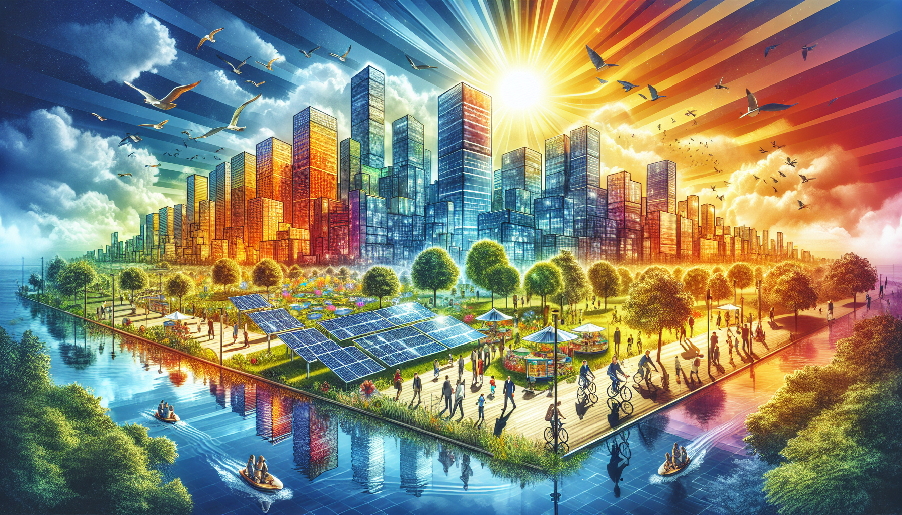 A conceptual illustration representing Shining a Light on Urban Solar Initiatives. Visualize the main ideas: . Creative but clear representation of the concept. Style: Visual Theme: Clean, modern aesthetic with high contrast and vibrant energy. Emphasize the intersect. high quality, detailed, professional, clean composition, good lighting, sharp focus, well-composed. high quality, professional, detailed, well-composed
