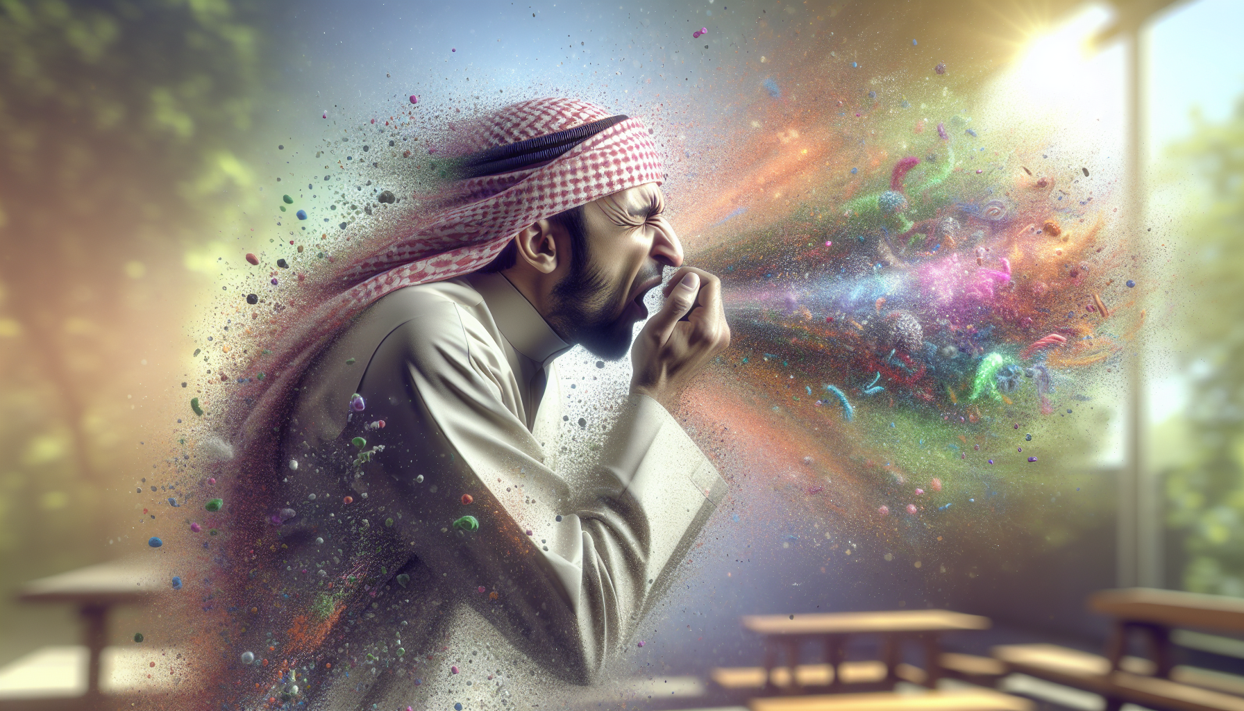 A conceptual illustration representing Introduction - A Sudden Burst: The Mystery of Sneezing. Visualize the main ideas: . Creative but clear representation of the concept. Style: photorealistic. high quality, detailed, professional, clean composition, good lighting, sharp focus, well-composed. high quality, professional, detailed, well-composed