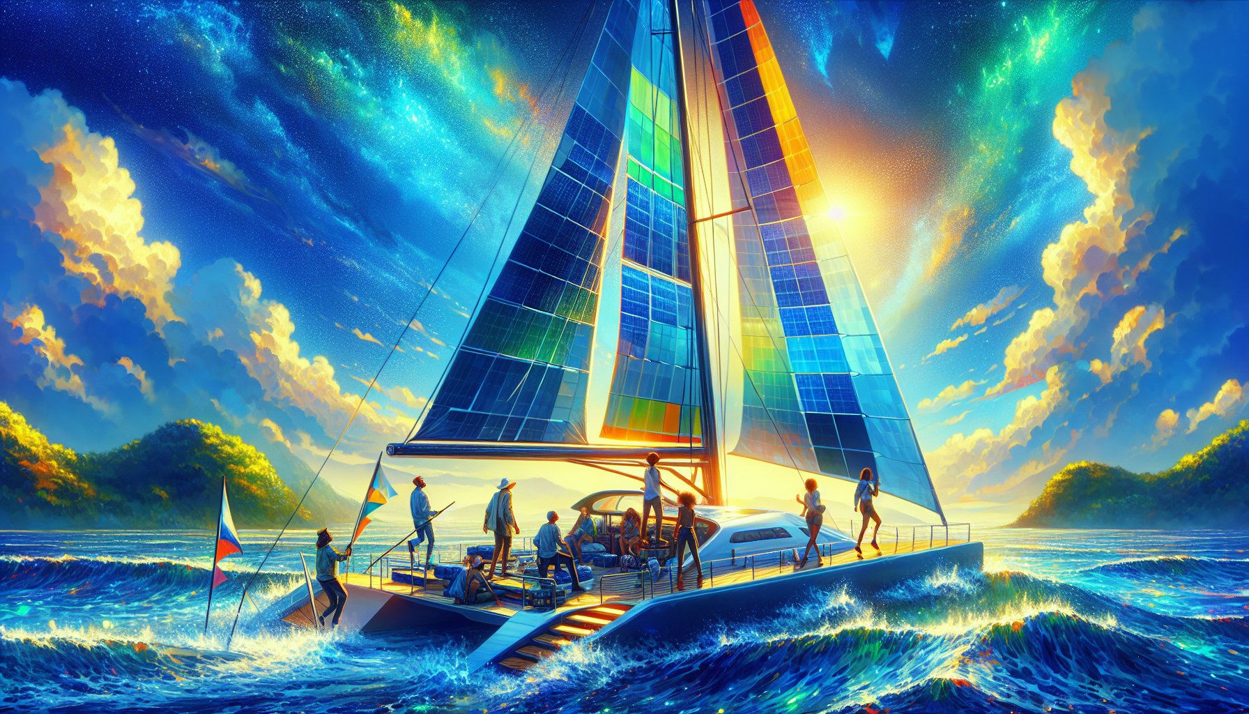 A realistic scene or environment setting for Setting Sail on Solar Waters. Include  in a natural, contextual setting. Show real-world application or usage. Style: Visual Theme: Clean, modern aesthetic with high contrast and vibrant energy. Emphasize the intersect. high quality, detailed, professional, clean composition, good lighting, sharp focus, well-composed. high quality, professional, detailed, well-composed
