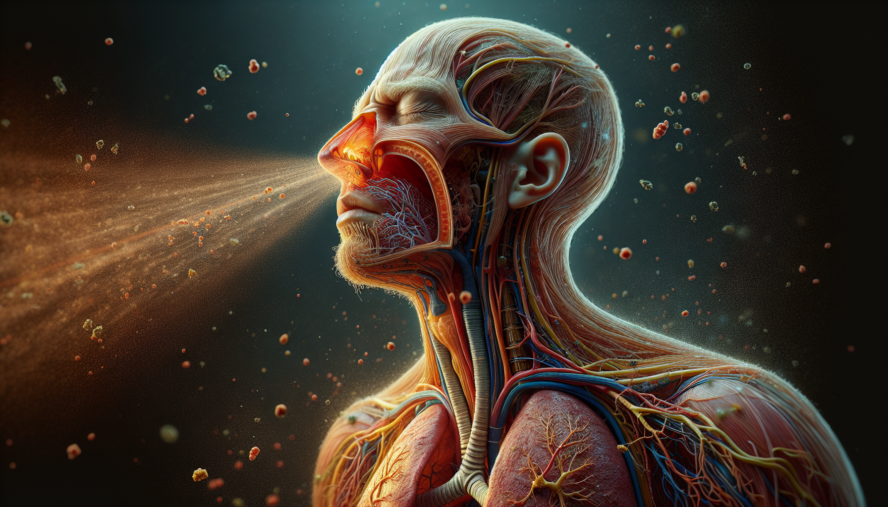 A conceptual illustration representing The Mechanism of Sneezing. Visualize the main ideas: . Creative but clear representation of the concept. Style: photorealistic. high quality, detailed, professional, clean composition, good lighting, sharp focus, well-composed. high quality, professional, detailed, well-composed