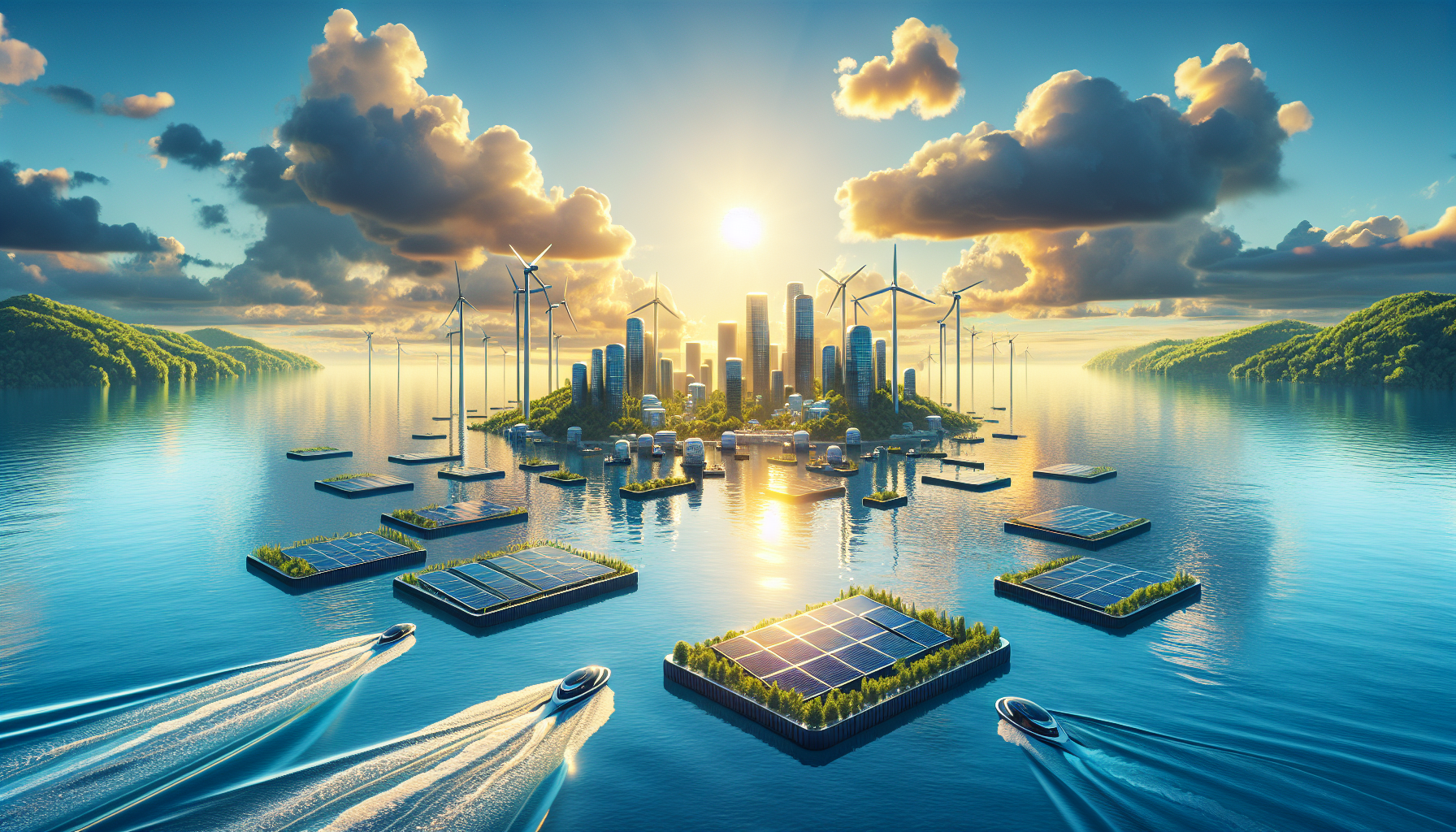 A conceptual illustration representing Global Trends in Floating Solar. Visualize the main ideas: . Creative but clear representation of the concept. Style: Visual Theme: Clean, modern aesthetic with high contrast and vibrant energy. Emphasize the intersect. high quality, detailed, professional, clean composition, good lighting, sharp focus, well-composed. high quality, professional, detailed, well-composed