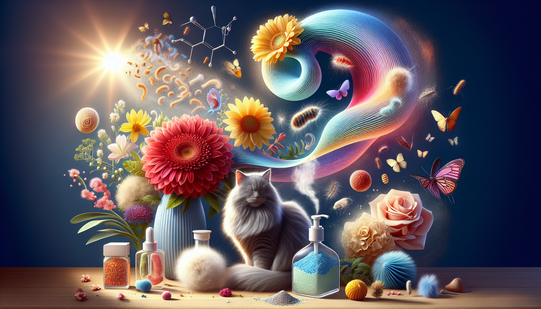 A conceptual illustration representing Common Triggers of Sneezing. Visualize the main ideas: . Creative but clear representation of the concept. Style: photorealistic. high quality, detailed, professional, clean composition, good lighting, sharp focus, well-composed. high quality, professional, detailed, well-composed