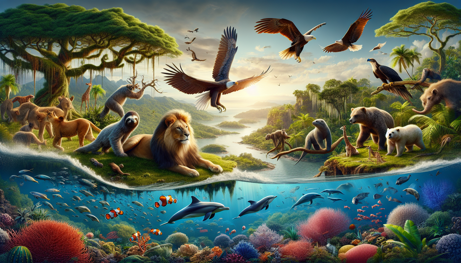 A conceptual illustration representing Wildlife You Might Encounter. Visualize the main ideas: . Creative but clear representation of the concept. Style: photorealistic. high quality, detailed, professional, clean composition, good lighting, sharp focus, well-composed. high quality, professional, detailed, well-composed, no words