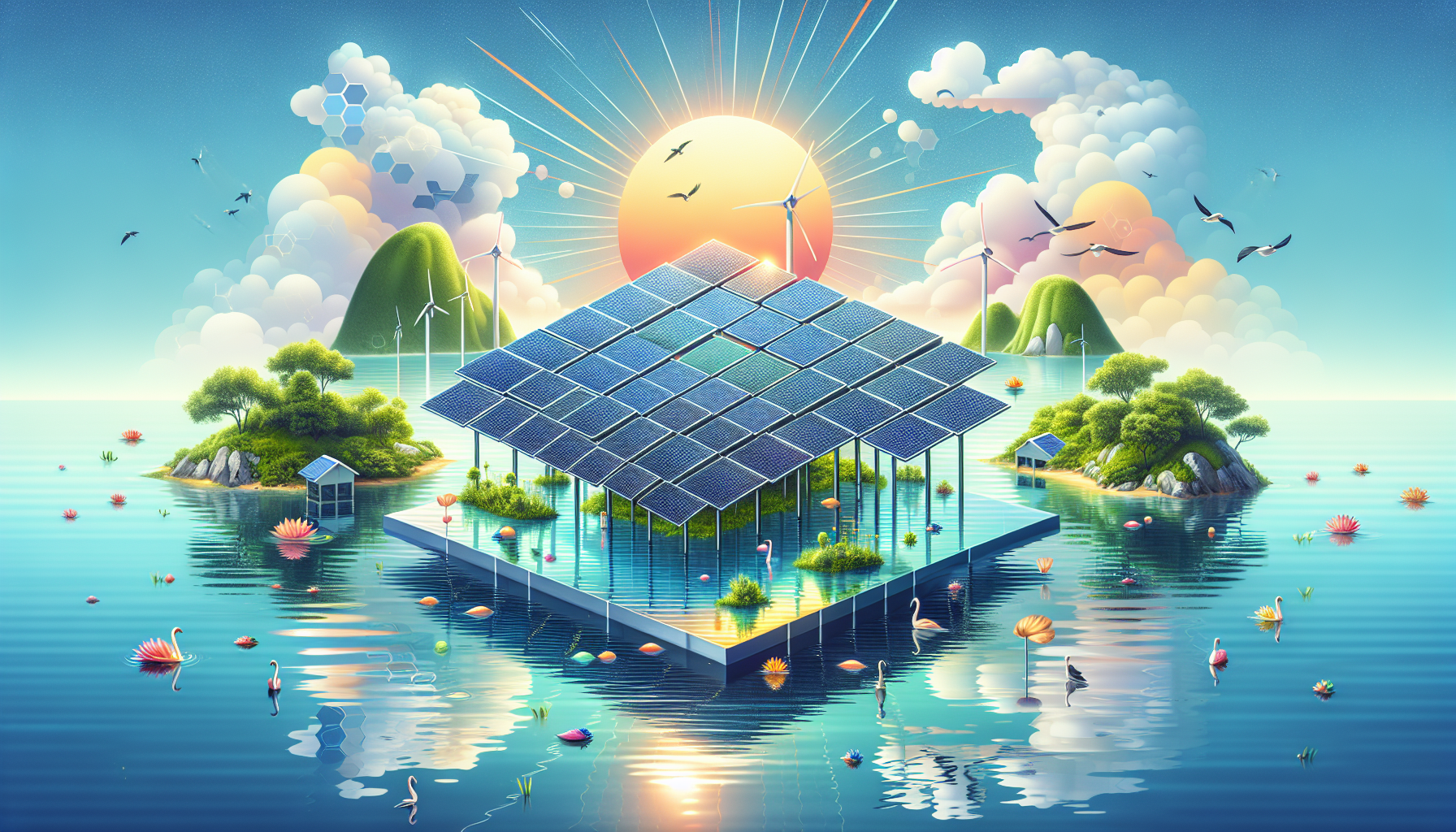 A conceptual illustration representing Benefits of Floating Solar Projects. Visualize the main ideas: . Creative but clear representation of the concept. Style: Visual Theme: Clean, modern aesthetic with high contrast and vibrant energy. Emphasize the intersect. high quality, detailed, professional, clean composition, good lighting, sharp focus, well-composed. high quality, professional, detailed, well-composed