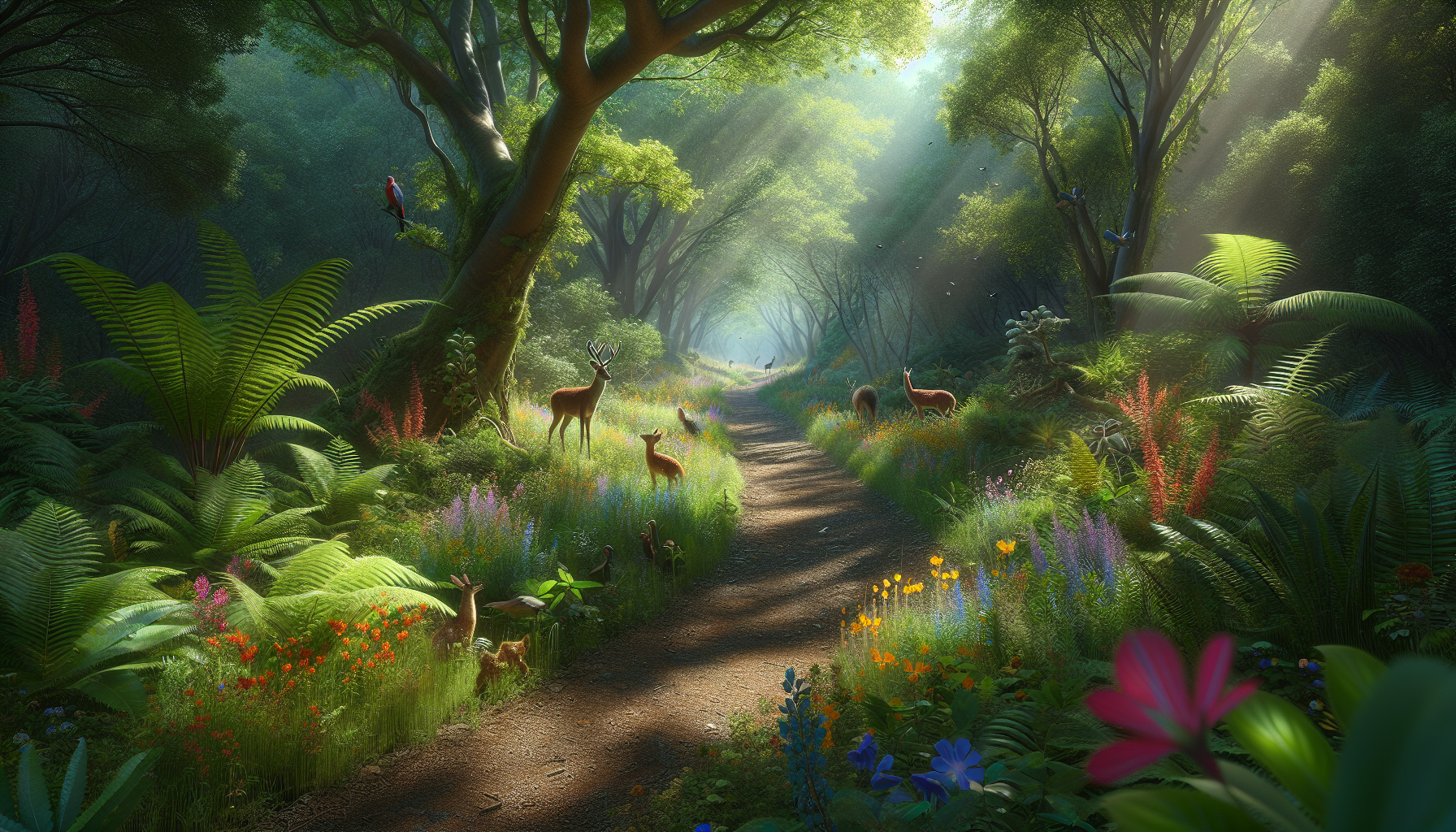 A conceptual illustration representing Best Trails for Wildlife Sightings. Visualize the main ideas: . Creative but clear representation of the concept. Style: photorealistic. high quality, detailed, professional, clean composition, good lighting, sharp focus, well-composed. high quality, professional, detailed, well-composed, no words