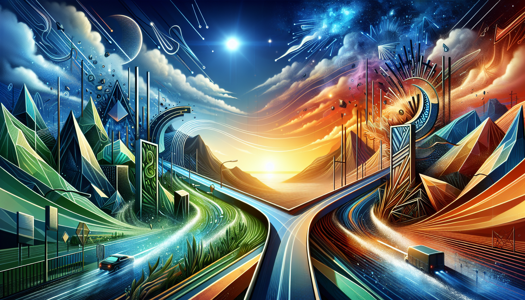 A conceptual illustration representing Challenges and Opportunities. Visualize the main ideas: . Creative but clear representation of the concept. Style: Visual Theme: Clean, modern aesthetic with high contrast and vibrant energy. Emphasize the intersect. high quality, detailed, professional, clean composition, good lighting, sharp focus, well-composed. high quality, professional, detailed, well-composed