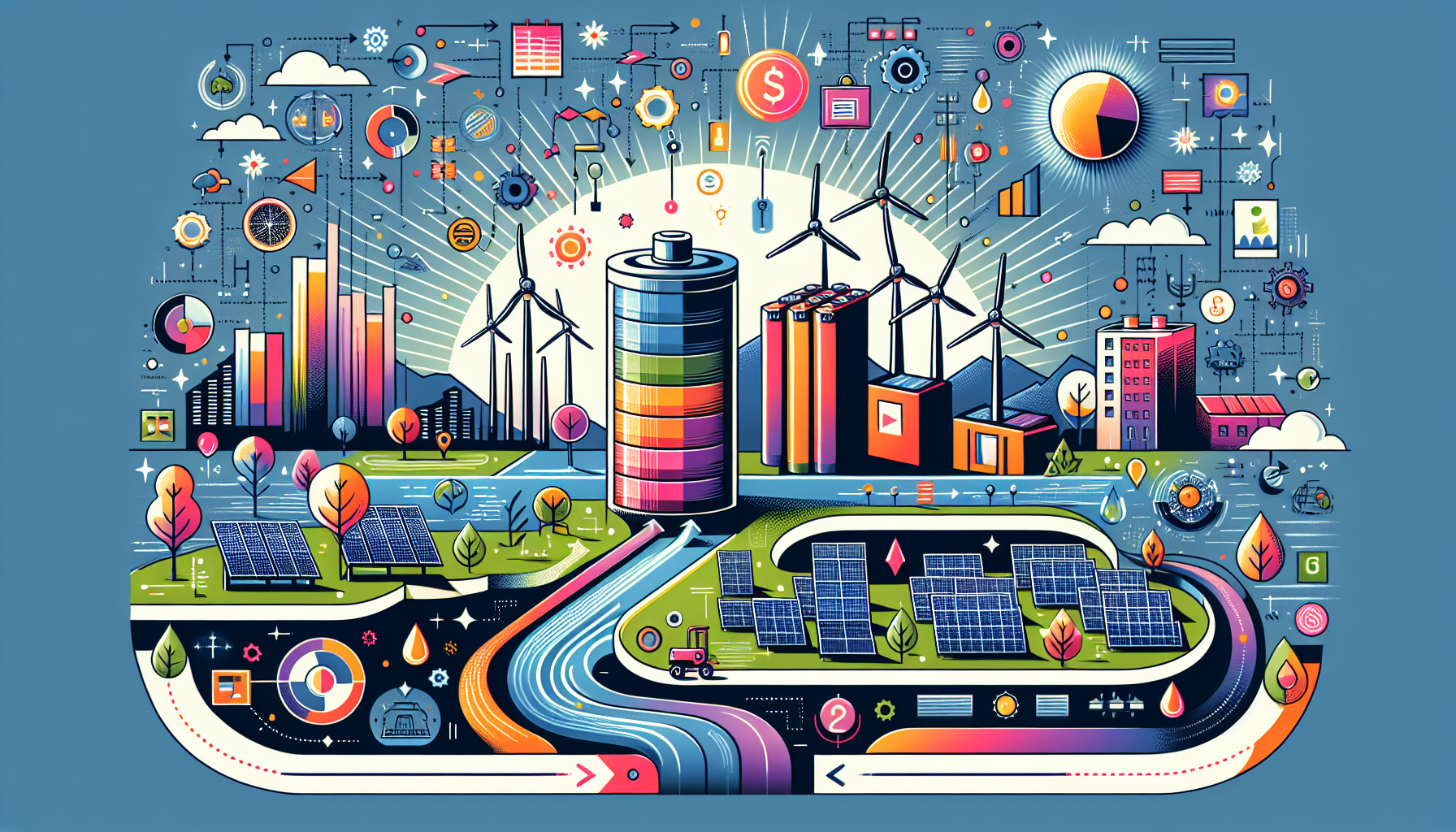 A conceptual illustration representing Key Strategies for Energy Storage Optimization. Visualize the main ideas: . Creative but clear representation of the concept. Style: Visual Theme: Clean, modern aesthetic with high contrast and vibrant energy. Emphasize the intersect. high quality, detailed, professional, clean composition, good lighting, sharp focus, well-composed. high quality, professional, detailed, well-composed