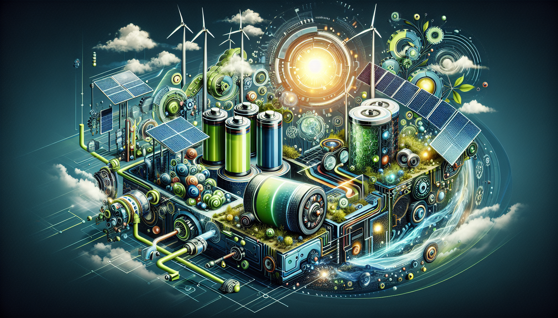 A conceptual illustration representing Innovative Technologies in Energy Storage. Visualize the main ideas: . Creative but clear representation of the concept. Style: Visual Theme: Clean, modern aesthetic with high contrast and vibrant energy. Emphasize the intersect. high quality, detailed, professional, clean composition, good lighting, sharp focus, well-composed. high quality, professional, detailed, well-composed