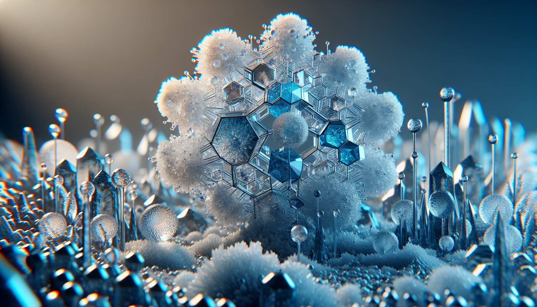 A conceptual illustration representing Nucleation - The Birth of Ice Crystals. Visualize the main ideas: . Creative but clear representation of the concept. Style: photorealistic. high quality, detailed, professional, clean composition, good lighting, sharp focus, well-composed. high quality, professional, detailed, well-composed