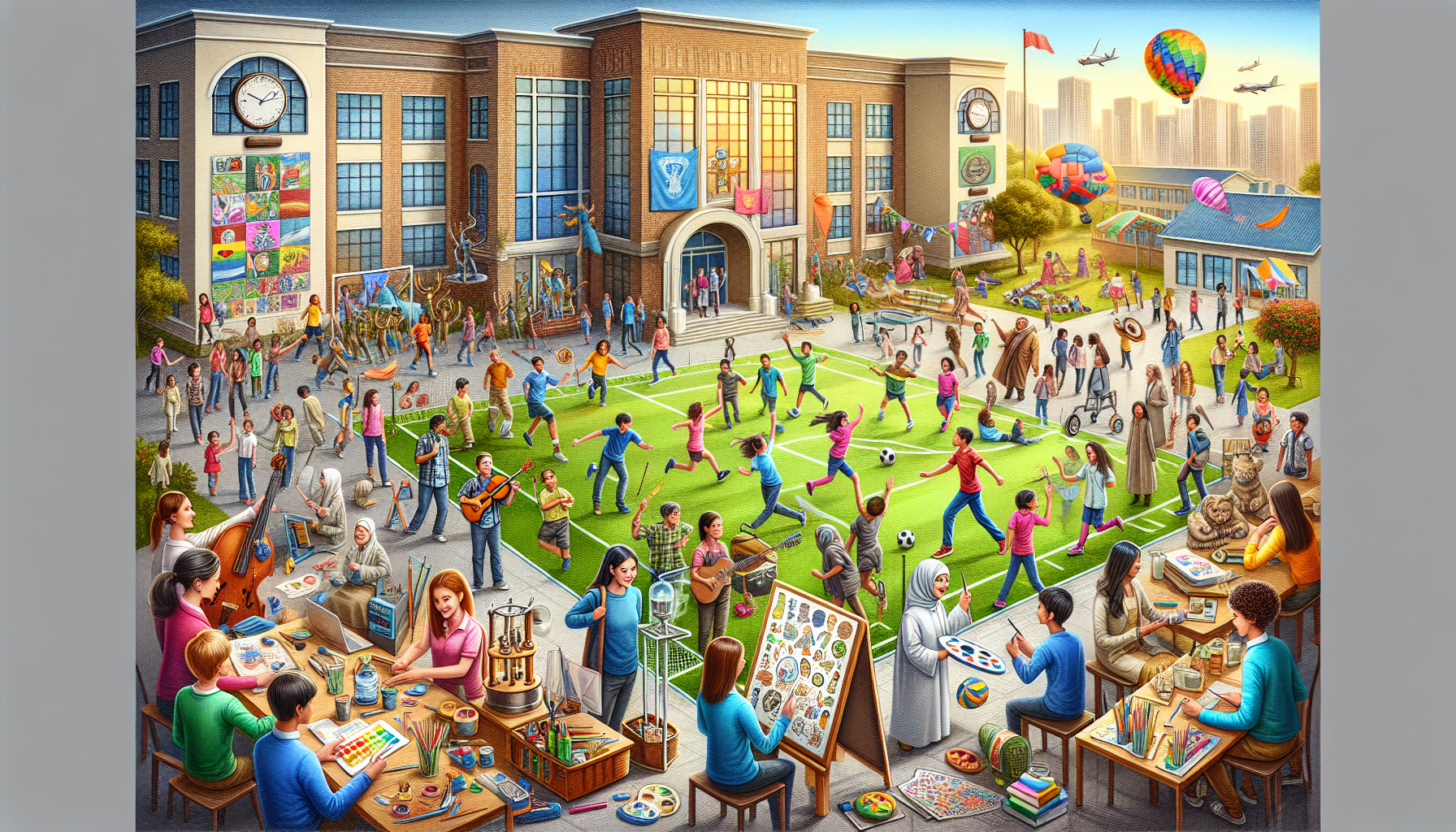 A conceptual illustration representing The Role of Extracurricular Activities. Visualize the main ideas: . Creative but clear representation of the concept. Style: photorealistic. high quality, detailed, professional, clean composition, good lighting, sharp focus, well-composed. high quality, professional, detailed, well-composed