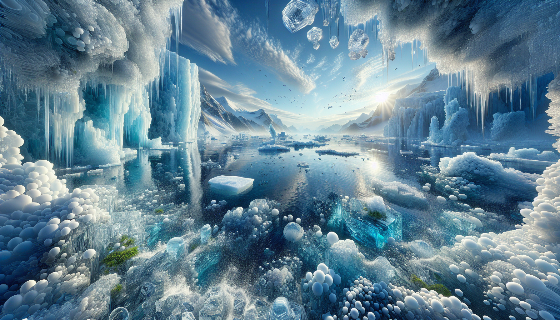 A conceptual illustration representing Environmental Influences on Ice Formation. Visualize the main ideas: . Creative but clear representation of the concept. Style: photorealistic. high quality, detailed, professional, clean composition, good lighting, sharp focus, well-composed. high quality, professional, detailed, well-composed