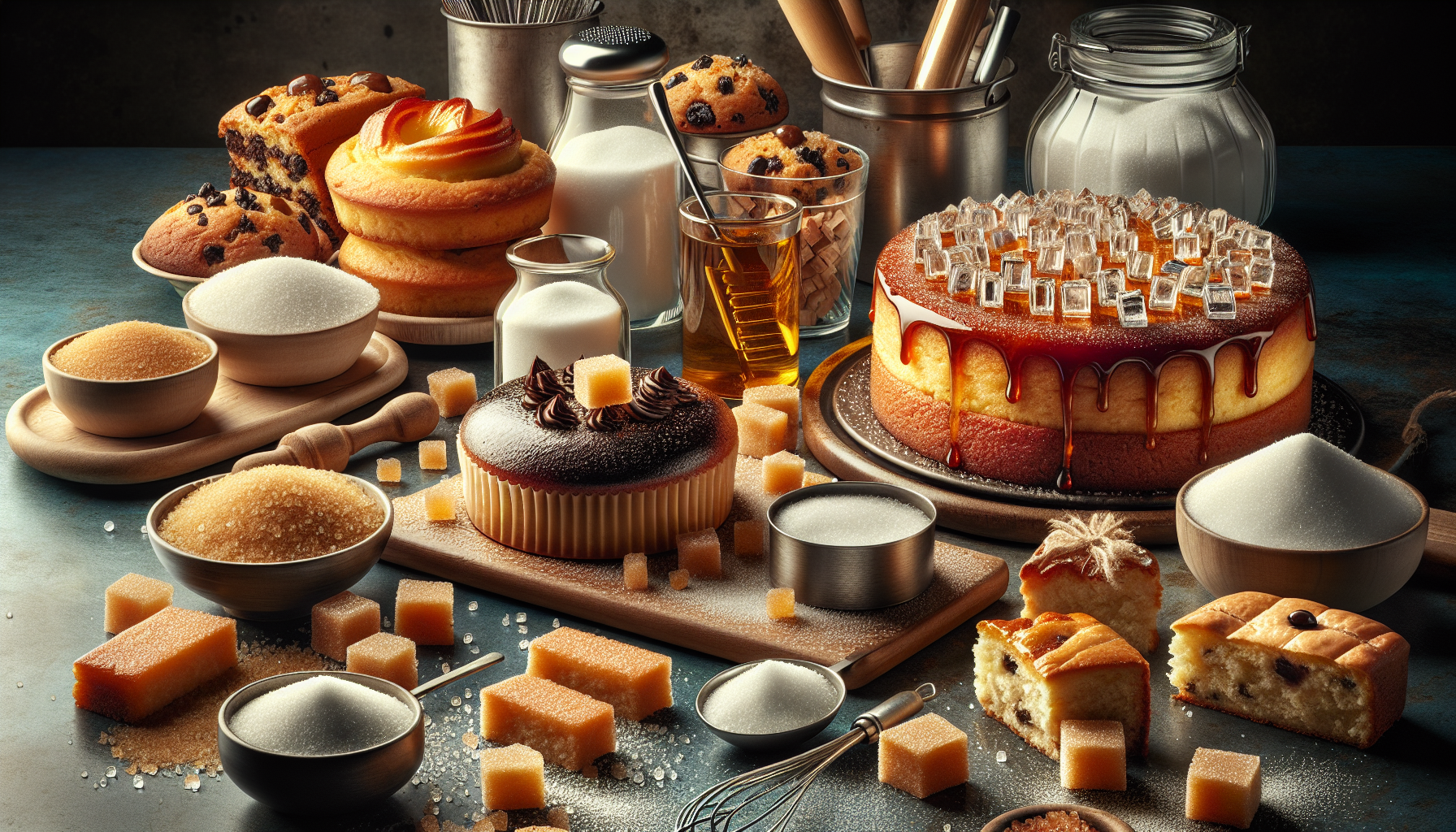 A conceptual illustration representing Practical Implications of Sugar in Baking. Visualize the main ideas: . Creative but clear representation of the concept. Style: photorealistic. high quality, detailed, professional, clean composition, good lighting, sharp focus, well-composed. high quality, professional, detailed, well-composed