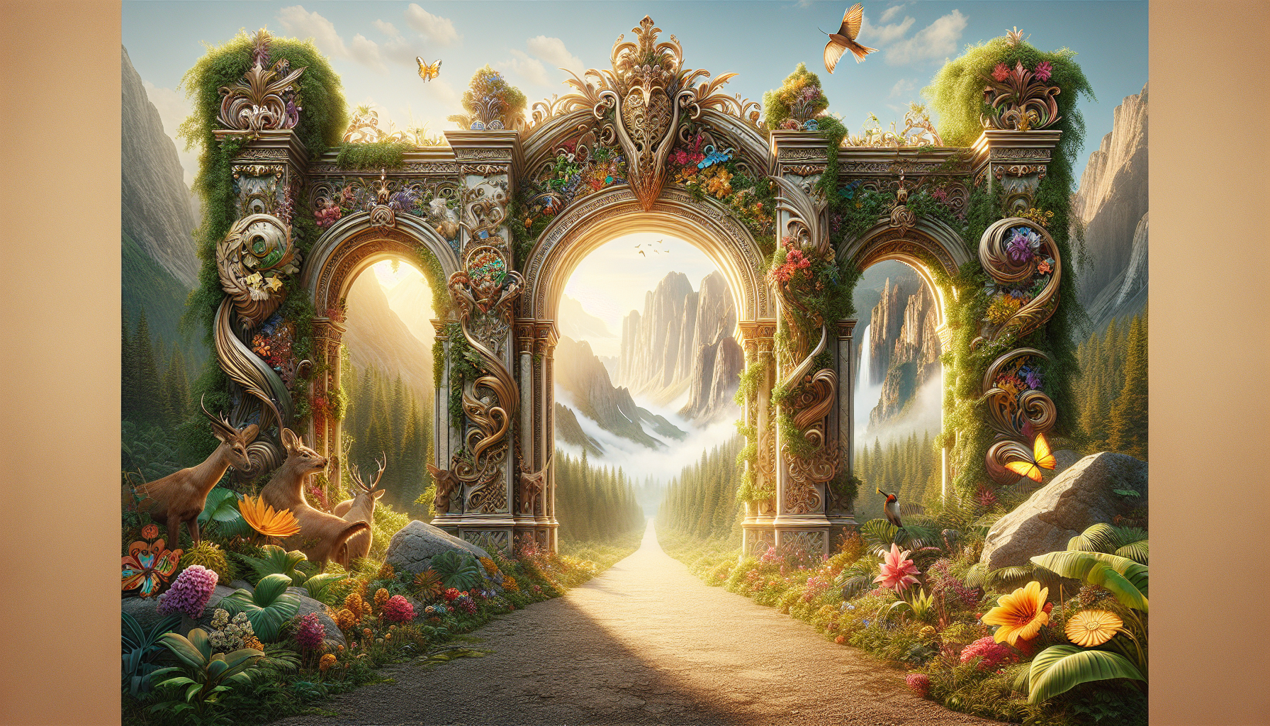 A conceptual illustration representing Introduction - A Gateway to Natural Wonders. Visualize the main ideas: . Creative but clear representation of the concept. Style: photorealistic. high quality, detailed, professional, clean composition, good lighting, sharp focus, well-composed. high quality, professional, detailed, well-composed, no words