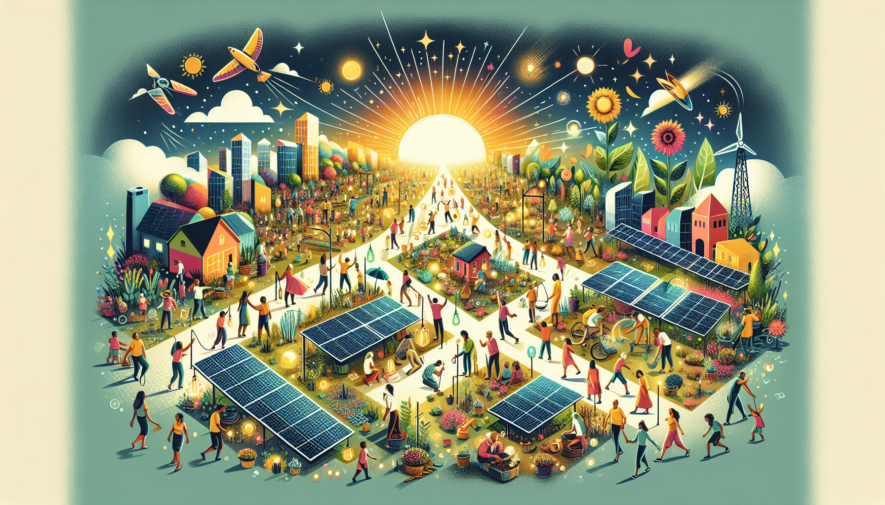 A conceptual illustration representing Lighting Up Lives: The Core of Community Solar Initiatives. Visualize the main ideas: . Creative but clear representation of the concept. Style: Visual Theme: Clean, modern aesthetic with high contrast and vibrant energy. Emphasize the intersect. high quality, detailed, professional, clean composition, good lighting, sharp focus, well-composed. high quality, professional, detailed, well-composed