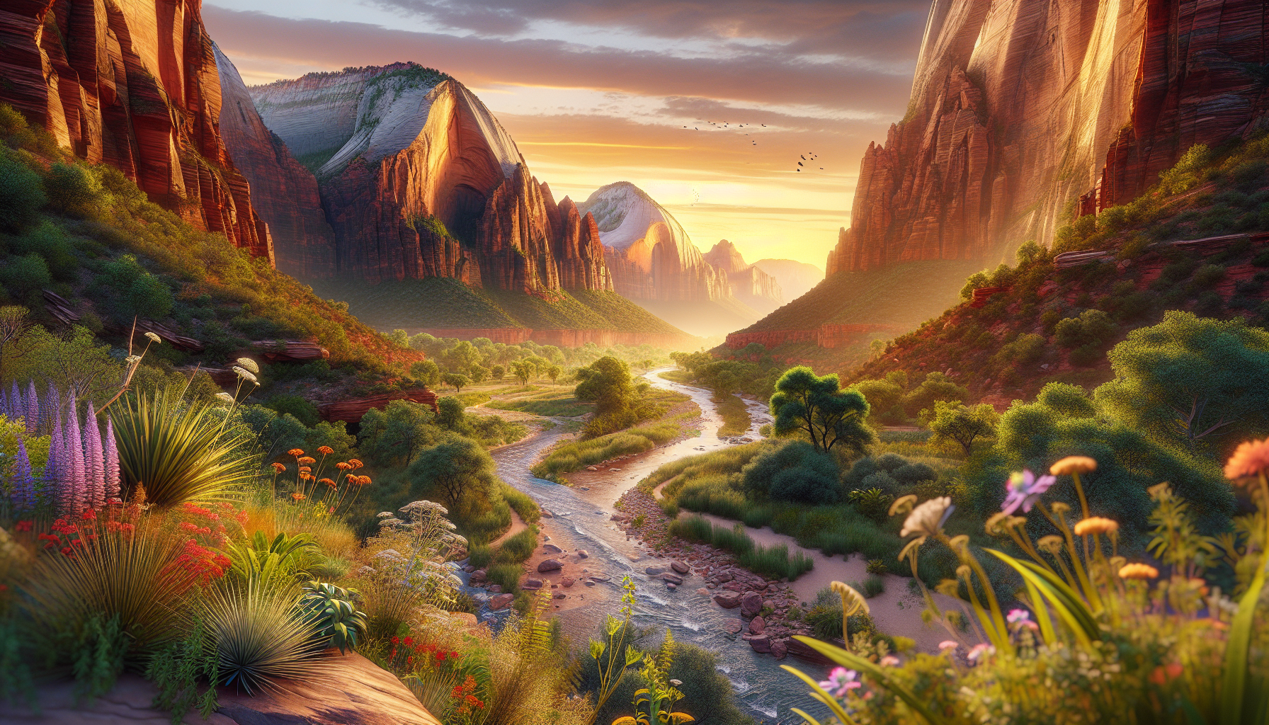 A conceptual illustration representing Zion National Park - A Must-See Marvel. Visualize the main ideas: . Creative but clear representation of the concept. Style: photorealistic. high quality, detailed, professional, clean composition, good lighting, sharp focus, well-composed. high quality, professional, detailed, well-composed, no words