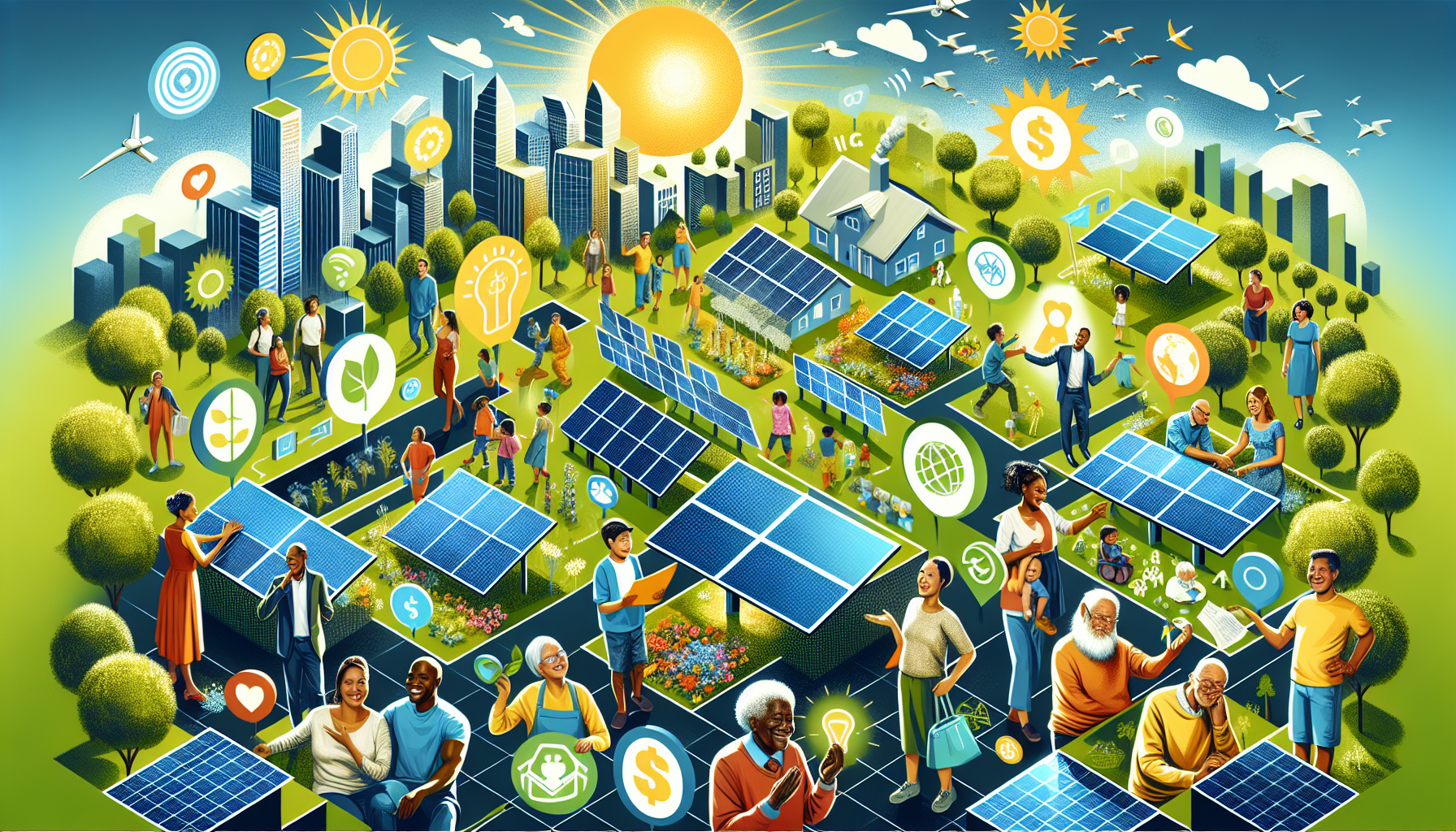 A conceptual illustration representing Key Benefits of Community Solar Projects. Visualize the main ideas: . Creative but clear representation of the concept. Style: Visual Theme: Clean, modern aesthetic with high contrast and vibrant energy. Emphasize the intersect. high quality, detailed, professional, clean composition, good lighting, sharp focus, well-composed. high quality, professional, detailed, well-composed