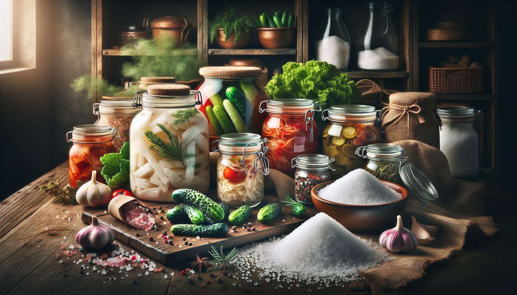 A conceptual illustration representing Fermentation and Salt: A Symbiotic Relationship. Visualize the main ideas: . Creative but clear representation of the concept. Style: photorealistic. high quality, detailed, professional, clean composition, good lighting, sharp focus, well-composed. high quality, professional, detailed, well-composed