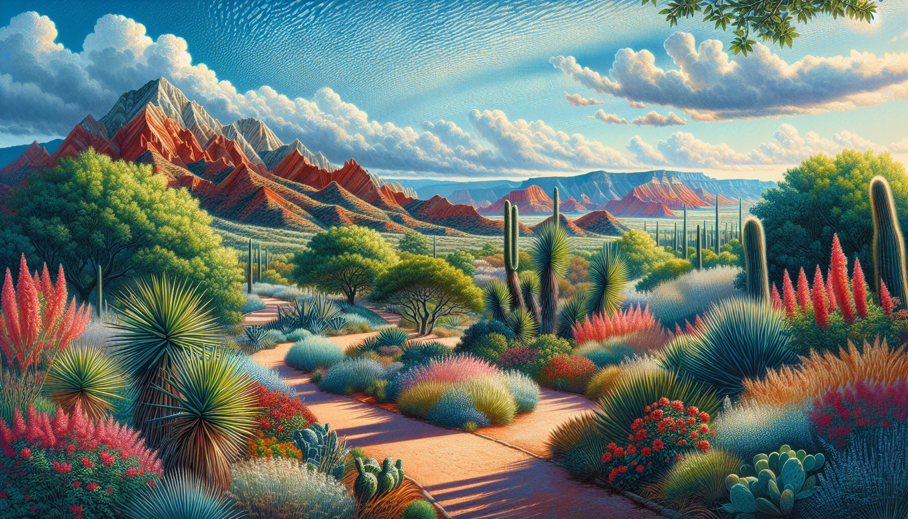 A conceptual illustration representing Pioneer Park and Red Hills Desert Garden - Local Treasures. Visualize the main ideas: . Creative but clear representation of the concept. Style: photorealistic. high quality, detailed, professional, clean composition, good lighting, sharp focus, well-composed. high quality, professional, detailed, well-composed, no words