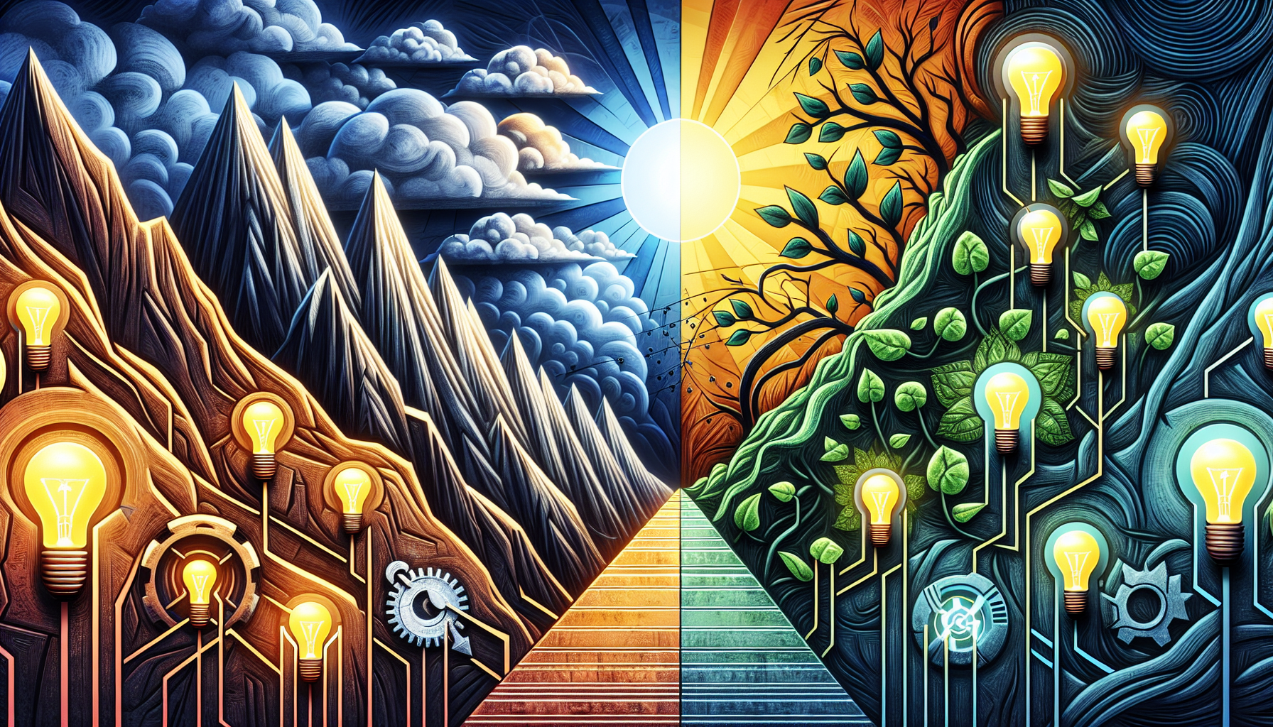 A conceptual illustration representing Challenges and Solutions in Implementation. Visualize the main ideas: . Creative but clear representation of the concept. Style: Visual Theme: Clean, modern aesthetic with high contrast and vibrant energy. Emphasize the intersect. high quality, detailed, professional, clean composition, good lighting, sharp focus, well-composed. high quality, professional, detailed, well-composed