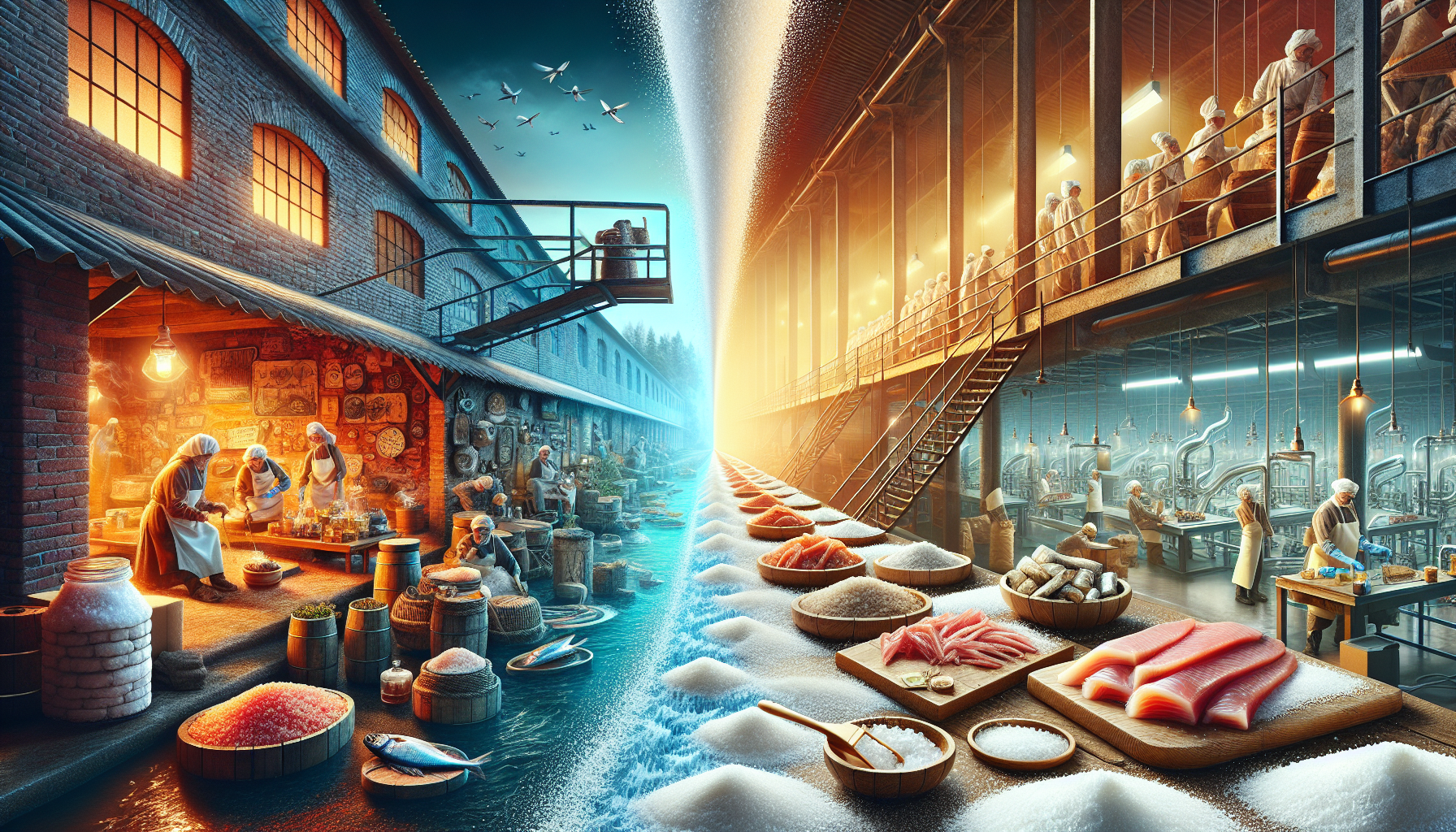 A conceptual illustration representing Historical and Modern Applications of Salt Preservation. Visualize the main ideas: . Creative but clear representation of the concept. Style: photorealistic. high quality, detailed, professional, clean composition, good lighting, sharp focus, well-composed. high quality, professional, detailed, well-composed