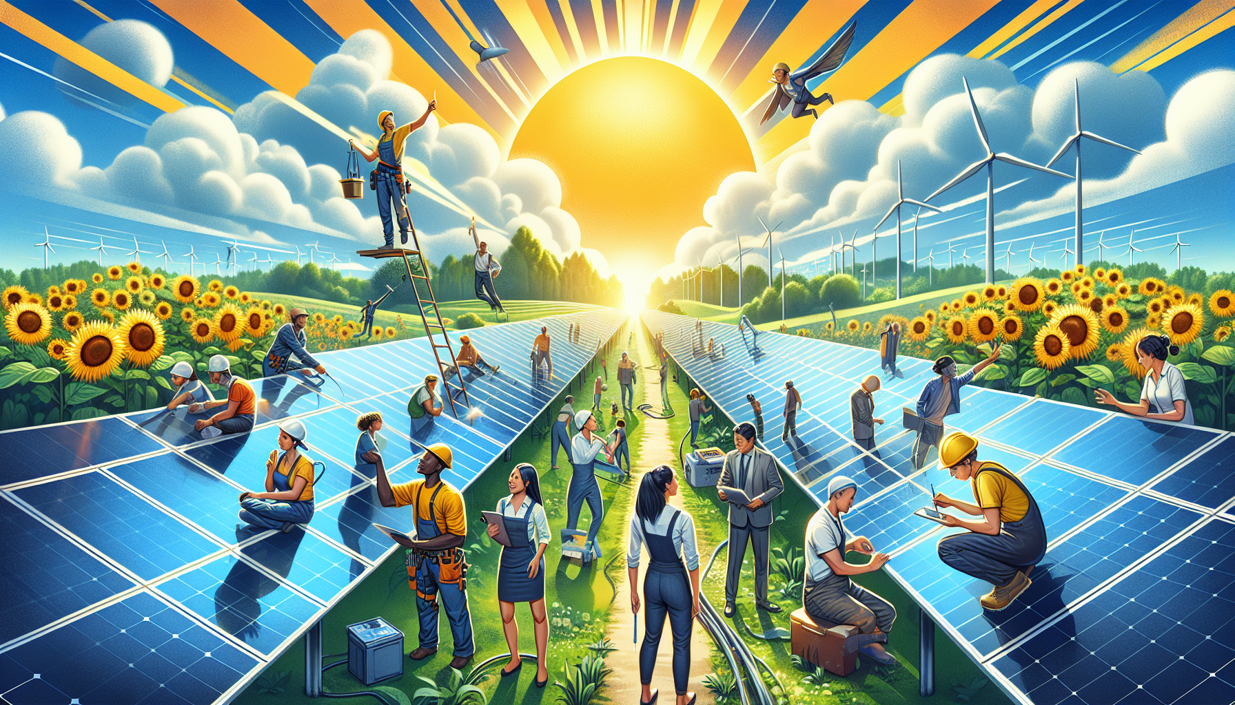 A conceptual illustration representing The Immediate Job Boost from Solar Energy. Visualize the main ideas: . Creative but clear representation of the concept. Style: Visual Theme: Clean, modern aesthetic with high contrast and vibrant energy. Emphasize the intersect. high quality, detailed, professional, clean composition, good lighting, sharp focus, well-composed. high quality, professional, detailed, well-composed