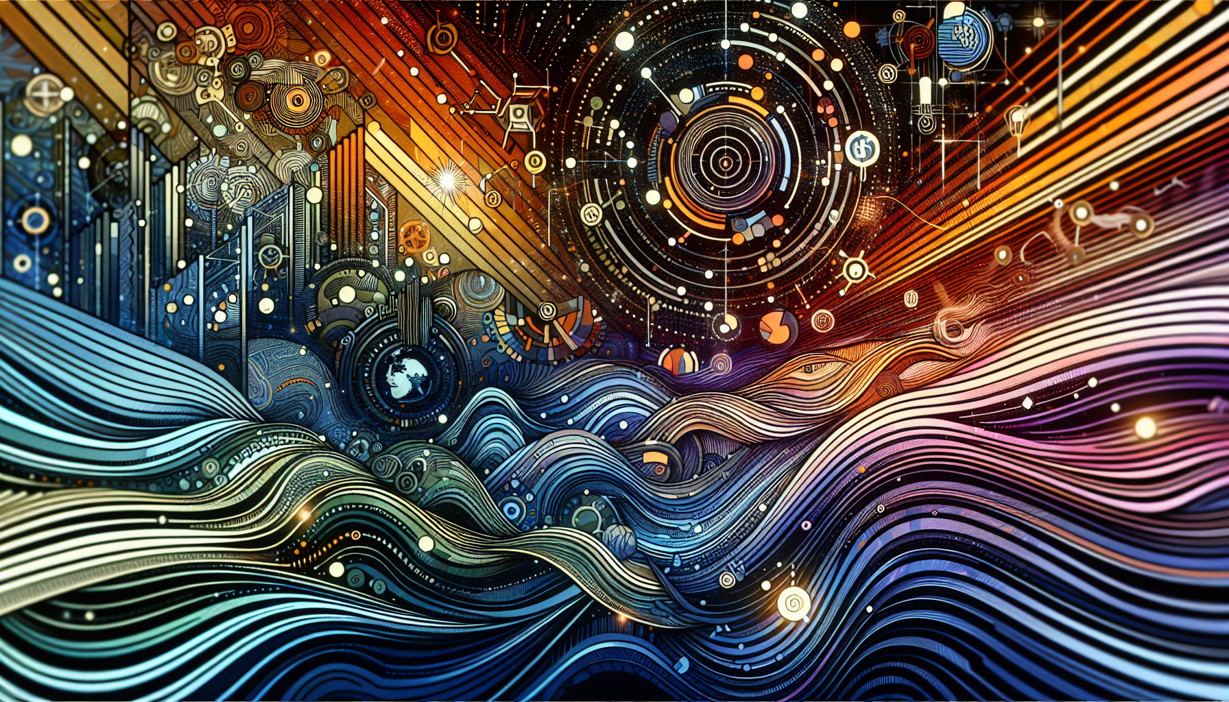 A conceptual illustration representing Economic Ripple Effects. Visualize the main ideas: . Creative but clear representation of the concept. Style: Visual Theme: Clean, modern aesthetic with high contrast and vibrant energy. Emphasize the intersect. high quality, detailed, professional, clean composition, good lighting, sharp focus, well-composed. high quality, professional, detailed, well-composed