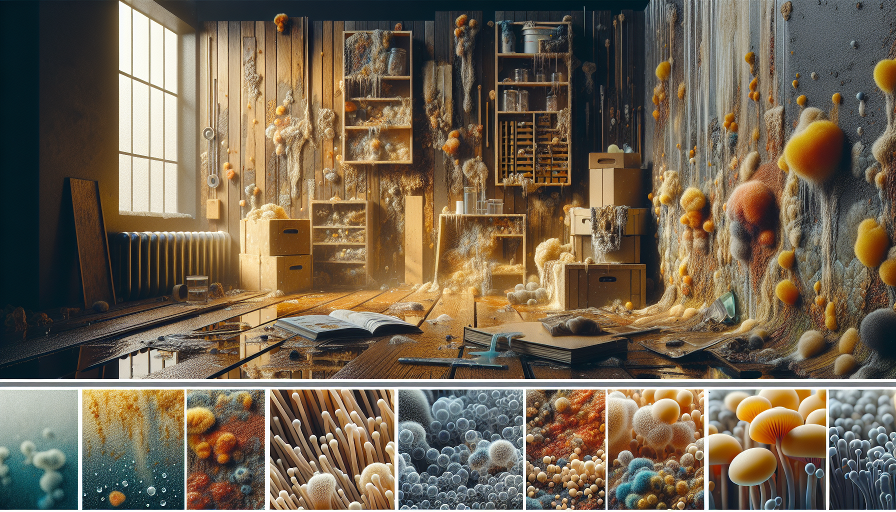 A conceptual illustration representing Conditions That Favor Mold Growth. Visualize the main ideas: . Creative but clear representation of the concept. Style: photorealistic. high quality, detailed, professional, clean composition, good lighting, sharp focus, well-composed. high quality, professional, detailed, well-composed