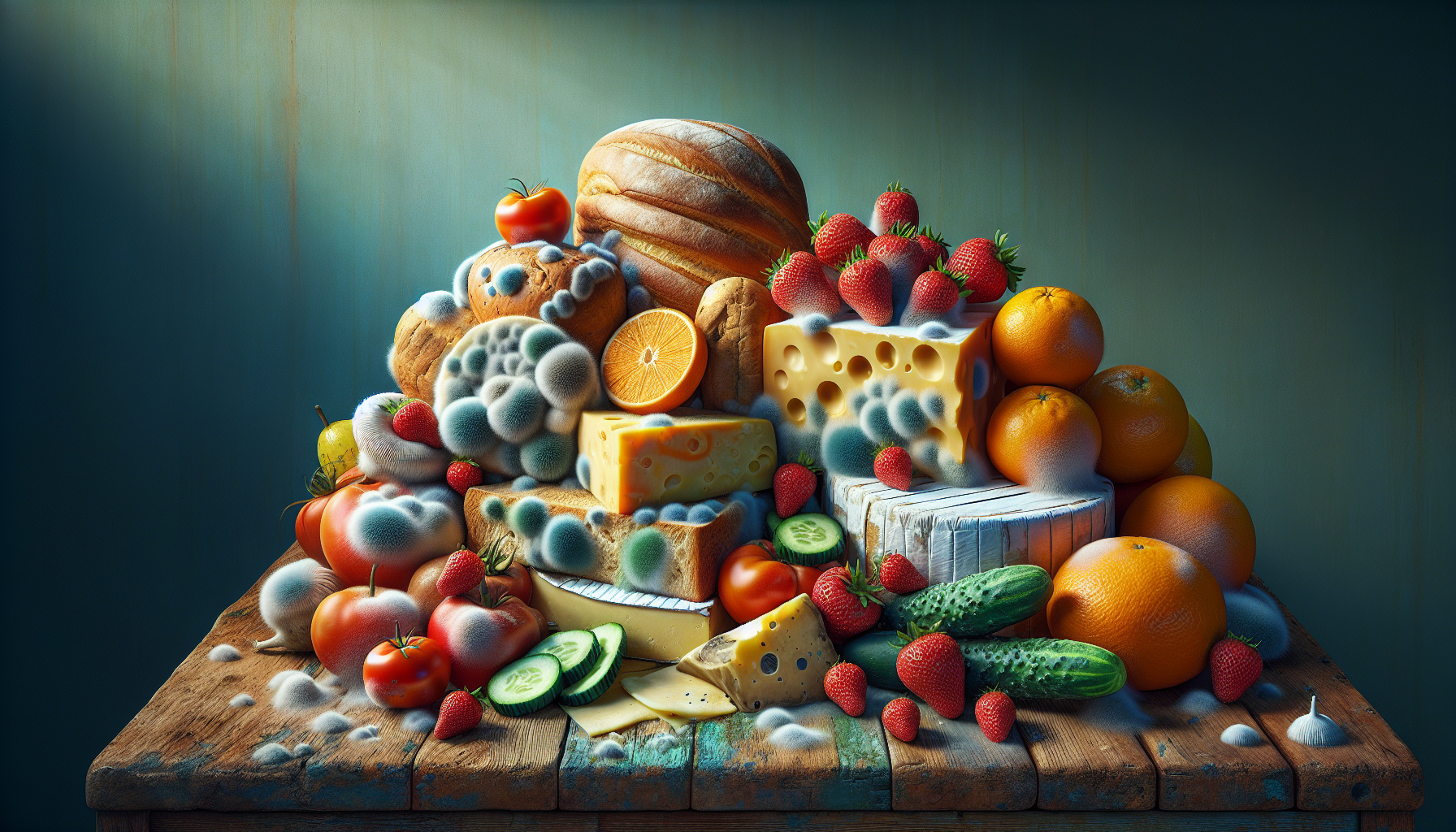 A conceptual illustration representing Foods Prone to Mold. Visualize the main ideas: . Creative but clear representation of the concept. Style: photorealistic. high quality, detailed, professional, clean composition, good lighting, sharp focus, well-composed. high quality, professional, detailed, well-composed