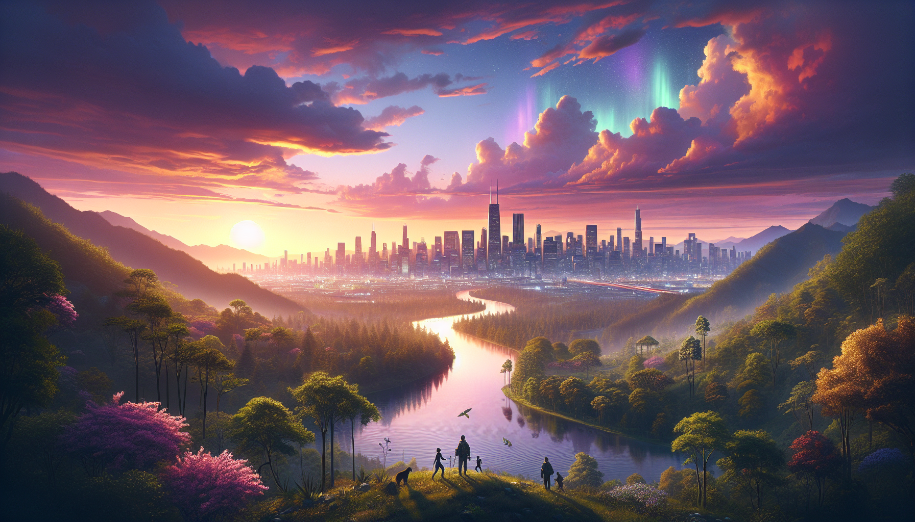 A conceptual illustration representing Adventure Awaits Beyond the City. Visualize the main ideas: . Creative but clear representation of the concept. Style: photorealistic. high quality, detailed, professional, clean composition, good lighting, sharp focus, well-composed. high quality, professional, detailed, well-composed, no words