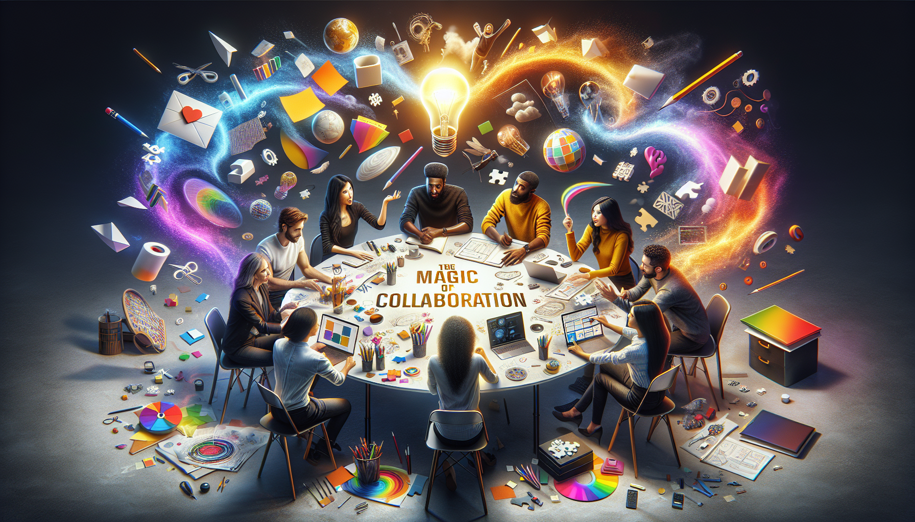 A conceptual illustration representing Introduction - The Magic of Collaboration. Visualize the main ideas: . Creative but clear representation of the concept. Style: photorealistic. high quality, detailed, professional, clean composition, good lighting, sharp focus, well-composed. high quality, professional, detailed, well-composed