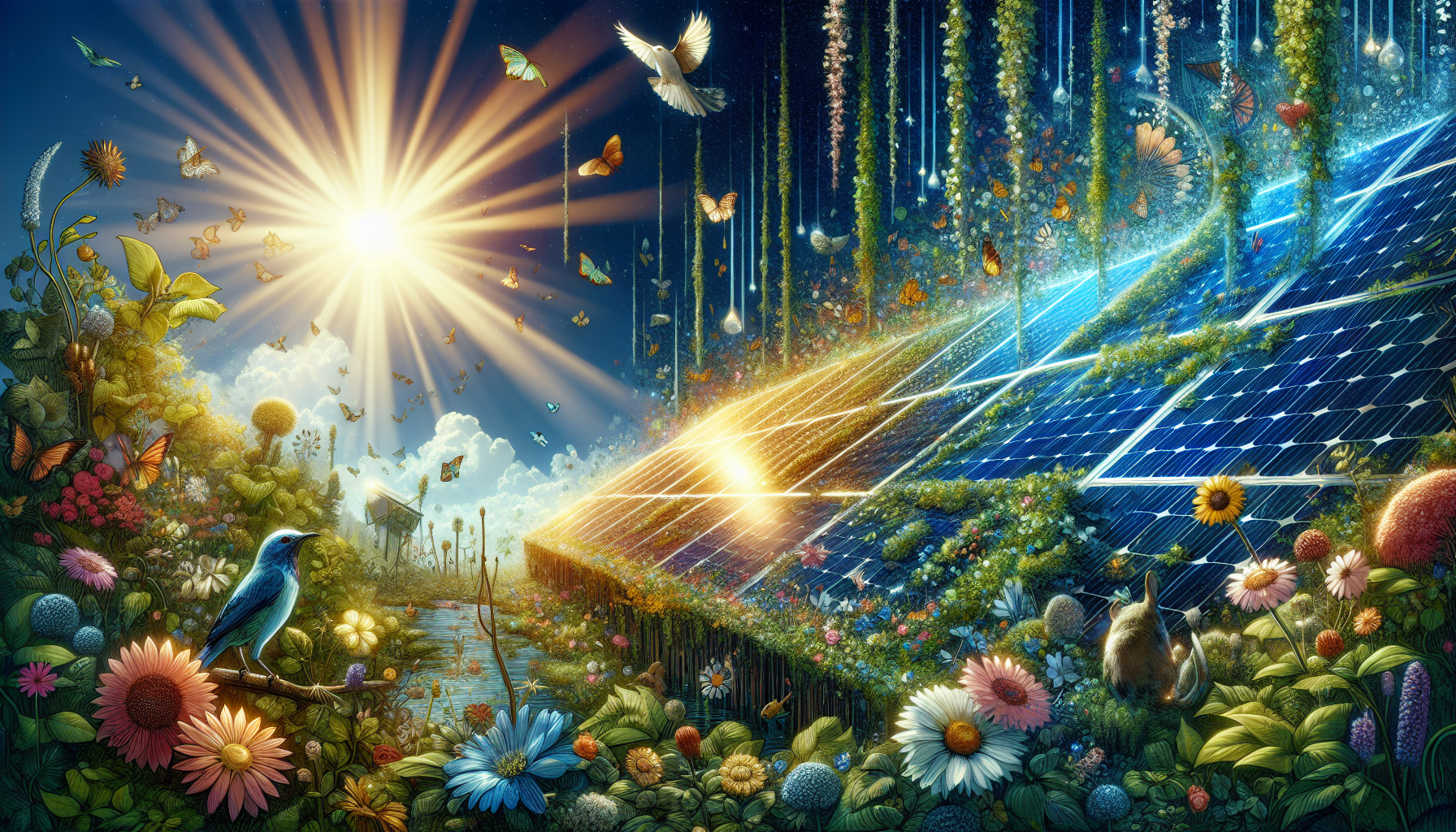A conceptual illustration representing The Intersection of Solar Energy and Biodiversity. Visualize the main ideas: . Creative but clear representation of the concept. Style: Visual Theme: Clean, modern aesthetic with high contrast and vibrant energy. Emphasize the intersect. high quality, detailed, professional, clean composition, good lighting, sharp focus, well-composed. high quality, professional, detailed, well-composed