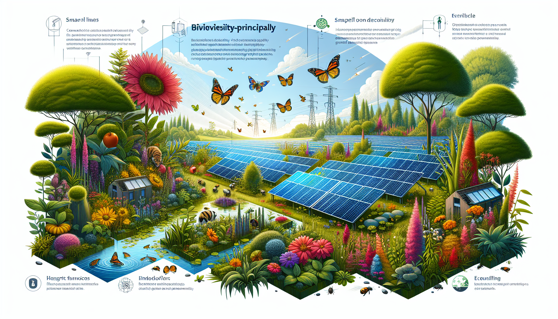 A conceptual illustration representing Key Design Principles for Biodiversity-Friendly Solar Farms. Visualize the main ideas: . Creative but clear representation of the concept. Style: Visual Theme: Clean, modern aesthetic with high contrast and vibrant energy. Emphasize the intersect. high quality, detailed, professional, clean composition, good lighting, sharp focus, well-composed. high quality, professional, detailed, well-composed