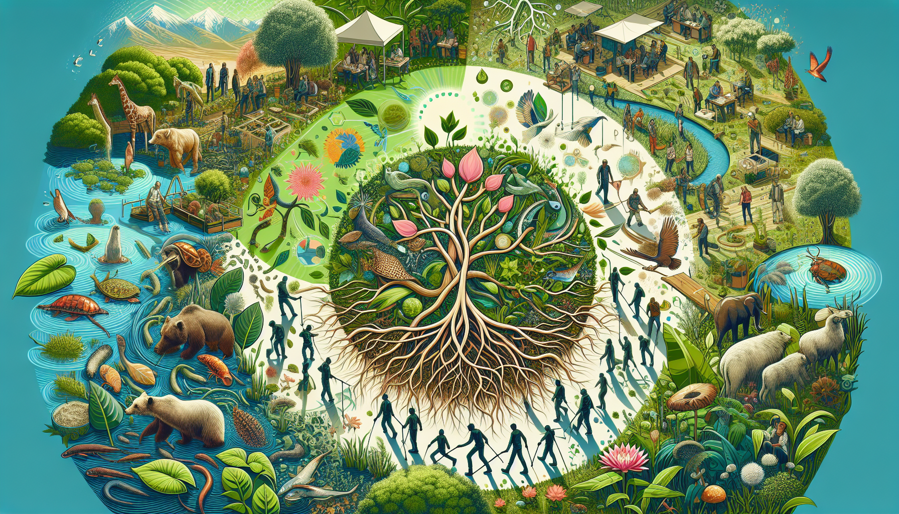 A conceptual illustration representing Case Studies: Successful Biodiversity Integration. Visualize the main ideas: . Creative but clear representation of the concept. Style: Visual Theme: Clean, modern aesthetic with high contrast and vibrant energy. Emphasize the intersect. high quality, detailed, professional, clean composition, good lighting, sharp focus, well-composed. high quality, professional, detailed, well-composed