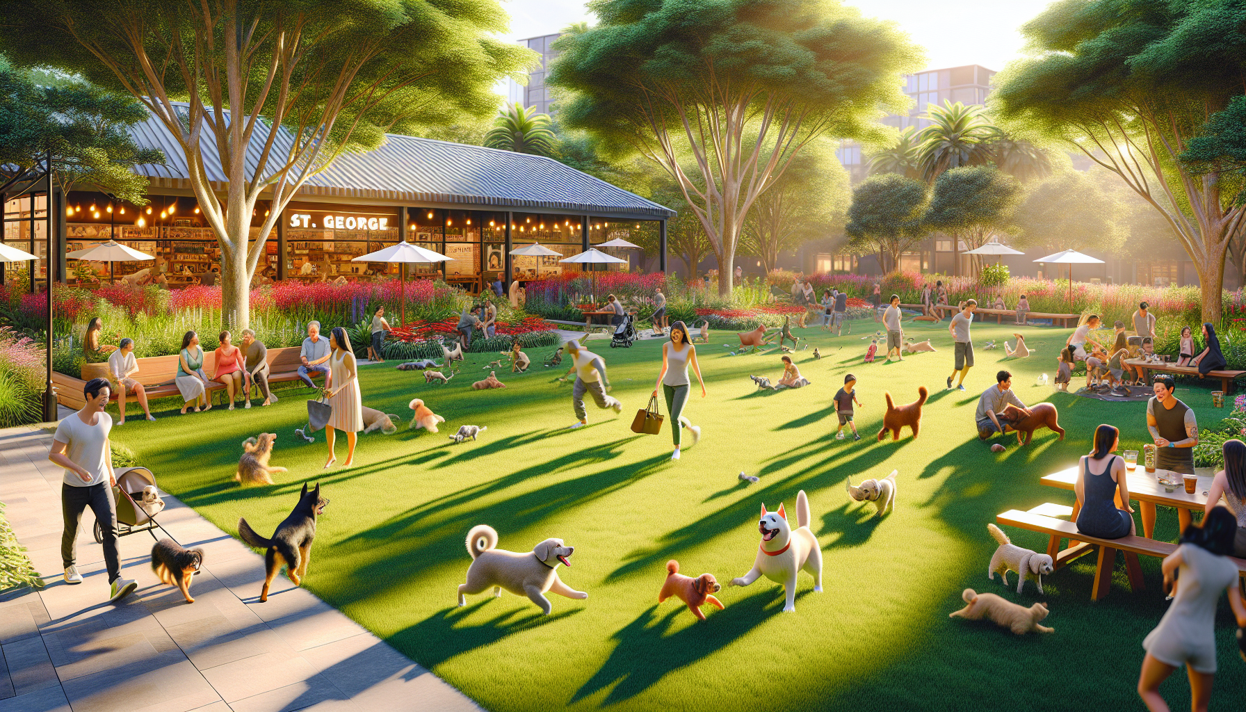 A conceptual illustration representing Welcome to Pet-Friendly St. George. Visualize the main ideas: . Creative but clear representation of the concept. Style: photorealistic. high quality, detailed, professional, clean composition, good lighting, sharp focus, well-composed. high quality, professional, detailed, well-composed, no words