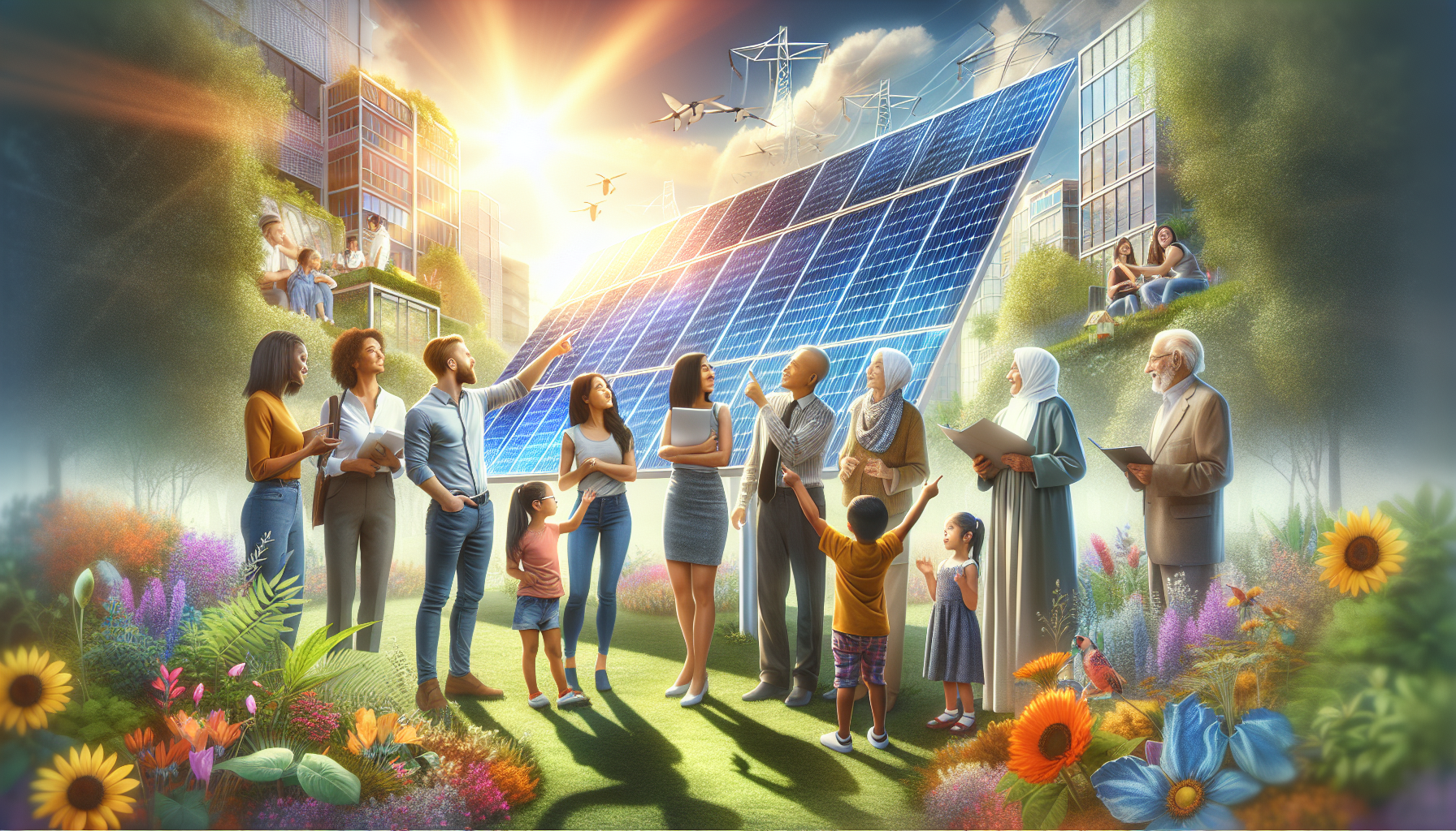 A conceptual illustration representing Sparking Interest in Community Solar. Visualize the main ideas: . Creative but clear representation of the concept. Style: Visual Theme: Clean, modern aesthetic with high contrast and vibrant energy. Emphasize the intersect. high quality, detailed, professional, clean composition, good lighting, sharp focus, well-composed. high quality, professional, detailed, well-composed