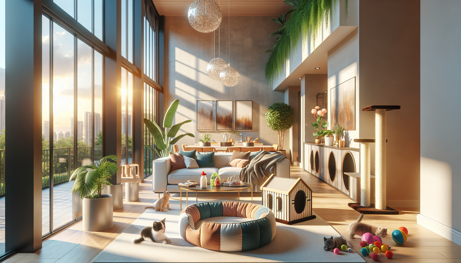 A conceptual illustration representing Amenities and Features of Pet-Friendly Rentals. Visualize the main ideas: . Creative but clear representation of the concept. Style: photorealistic. high quality, detailed, professional, clean composition, good lighting, sharp focus, well-composed. high quality, professional, detailed, well-composed, no words
