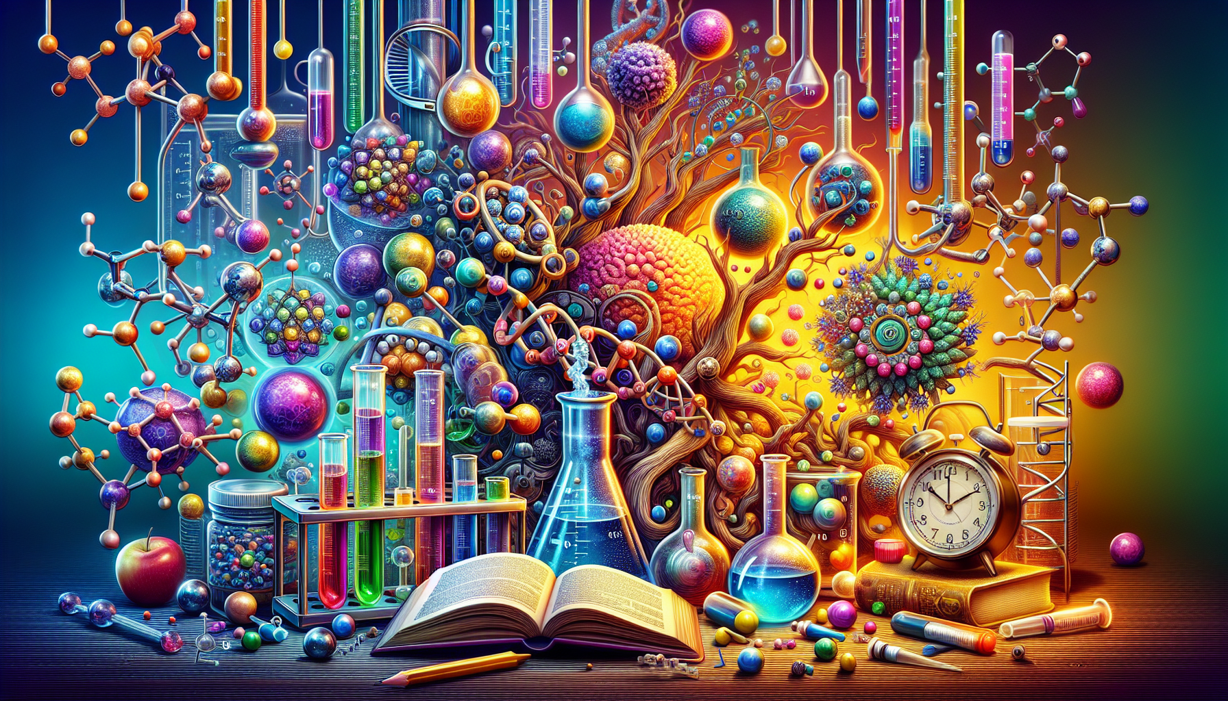 A conceptual illustration representing The Chemistry of Maturity. Visualize the main ideas: . Creative but clear representation of the concept. Style: photorealistic. high quality, detailed, professional, clean composition, good lighting, sharp focus, well-composed. high quality, professional, detailed, well-composed