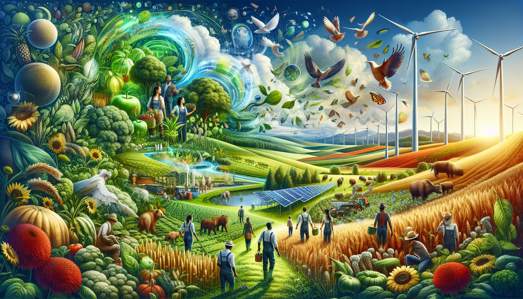 A conceptual illustration representing The Essence of Sustainability in Agriculture. Visualize the main ideas: . Creative but clear representation of the concept. Style: Visual Theme: Clean, modern aesthetic with high contrast and vibrant energy. Emphasize the intersect. high quality, detailed, professional, clean composition, good lighting, sharp focus, well-composed. high quality, professional, detailed, well-composed