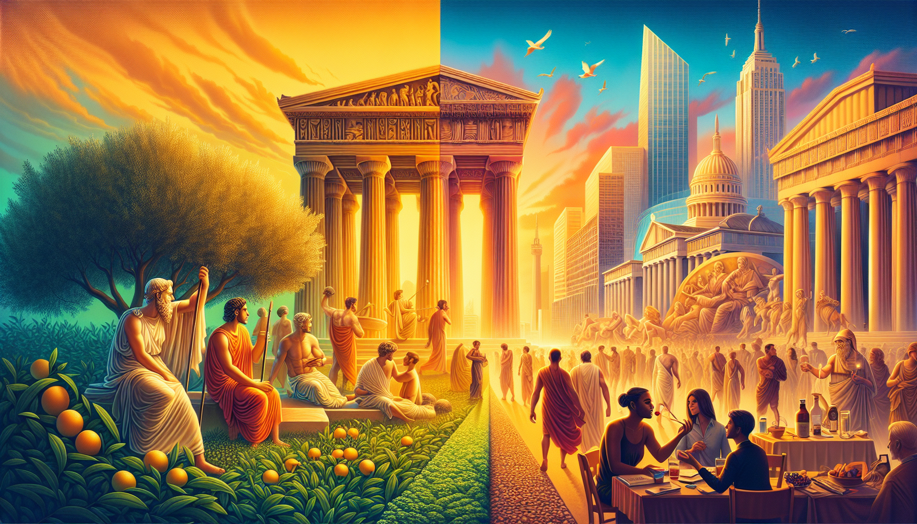 A conceptual illustration representing Tracing the Origins: From Ancient Greece to Modern America. Visualize the main ideas: . Creative but clear representation of the concept. Style: photorealistic. high quality, detailed, professional, clean composition, good lighting, sharp focus, well-composed. high quality, professional, detailed, well-composed