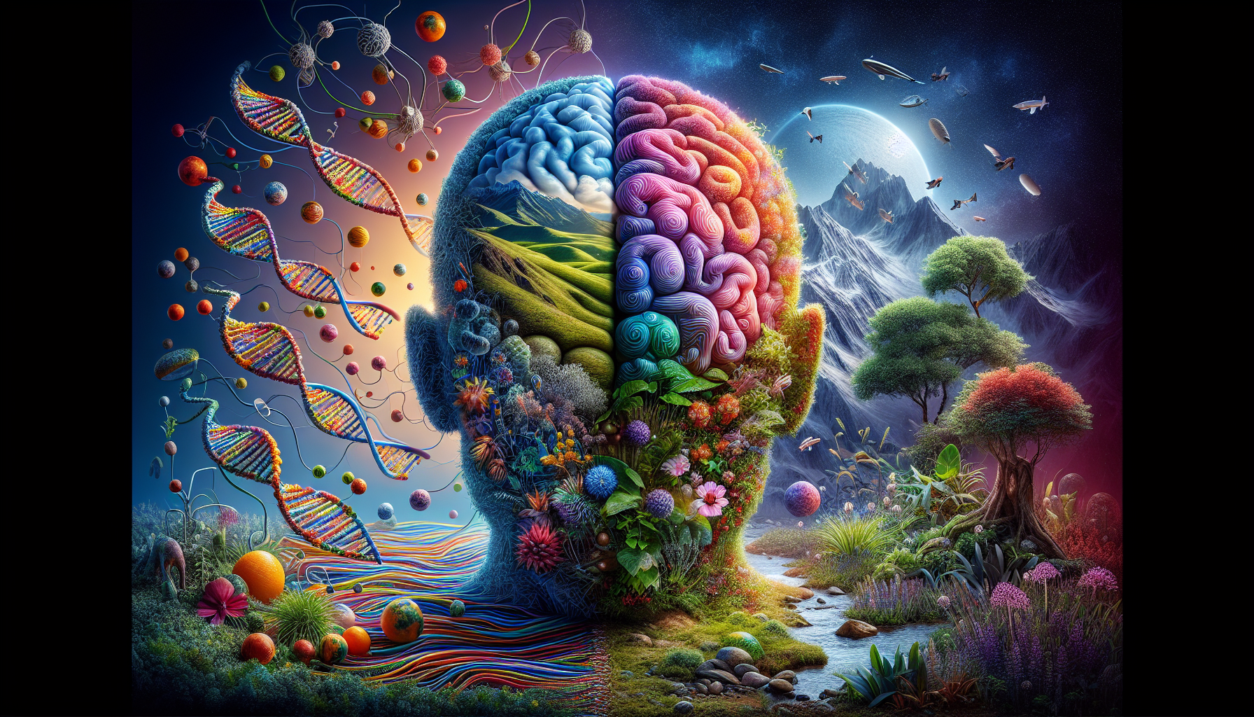 A conceptual illustration representing Genetic and Environmental Influences. Visualize the main ideas: . Creative but clear representation of the concept. Style: photorealistic. high quality, detailed, professional, clean composition, good lighting, sharp focus, well-composed. high quality, professional, detailed, well-composed