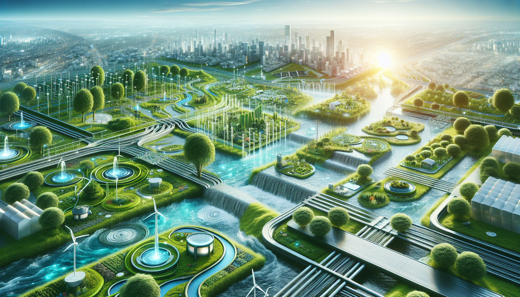 A conceptual illustration representing Water Management Innovations. Visualize the main ideas: . Creative but clear representation of the concept. Style: Visual Theme: Clean, modern aesthetic with high contrast and vibrant energy. Emphasize the intersect. high quality, detailed, professional, clean composition, good lighting, sharp focus, well-composed. high quality, professional, detailed, well-composed