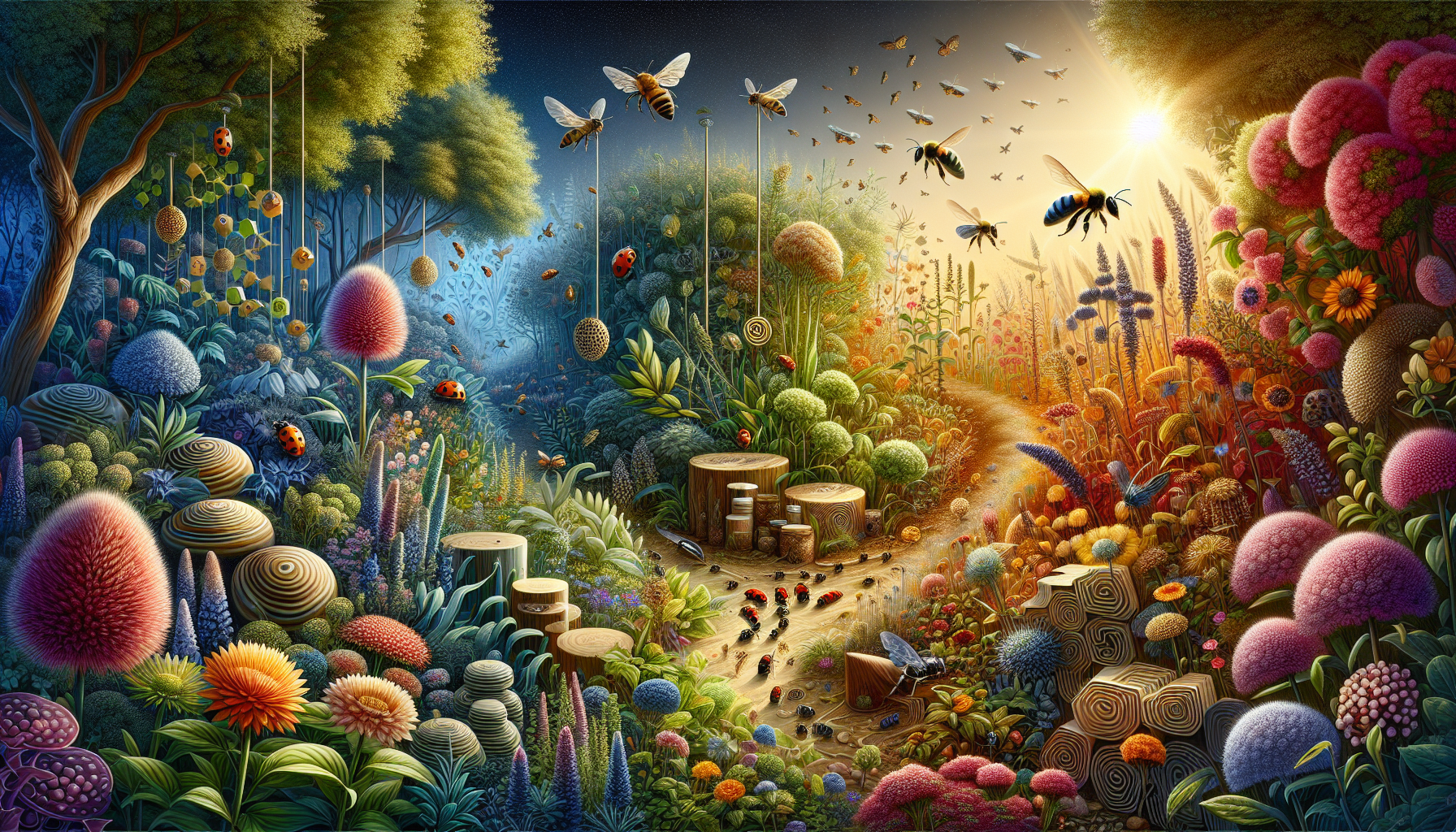 A conceptual illustration representing Biodiversity and Pest Management. Visualize the main ideas: . Creative but clear representation of the concept. Style: Visual Theme: Clean, modern aesthetic with high contrast and vibrant energy. Emphasize the intersect. high quality, detailed, professional, clean composition, good lighting, sharp focus, well-composed. high quality, professional, detailed, well-composed