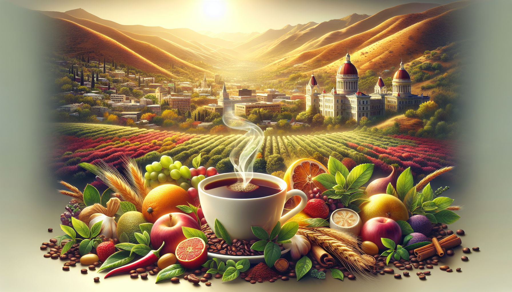 A conceptual illustration representing Introduction - Sip Your Way Through St. George. Visualize the main ideas: . Creative but clear representation of the concept. Style: photorealistic. high quality, detailed, professional, clean composition, good lighting, sharp focus, well-composed. high quality, professional, detailed, well-composed, no words